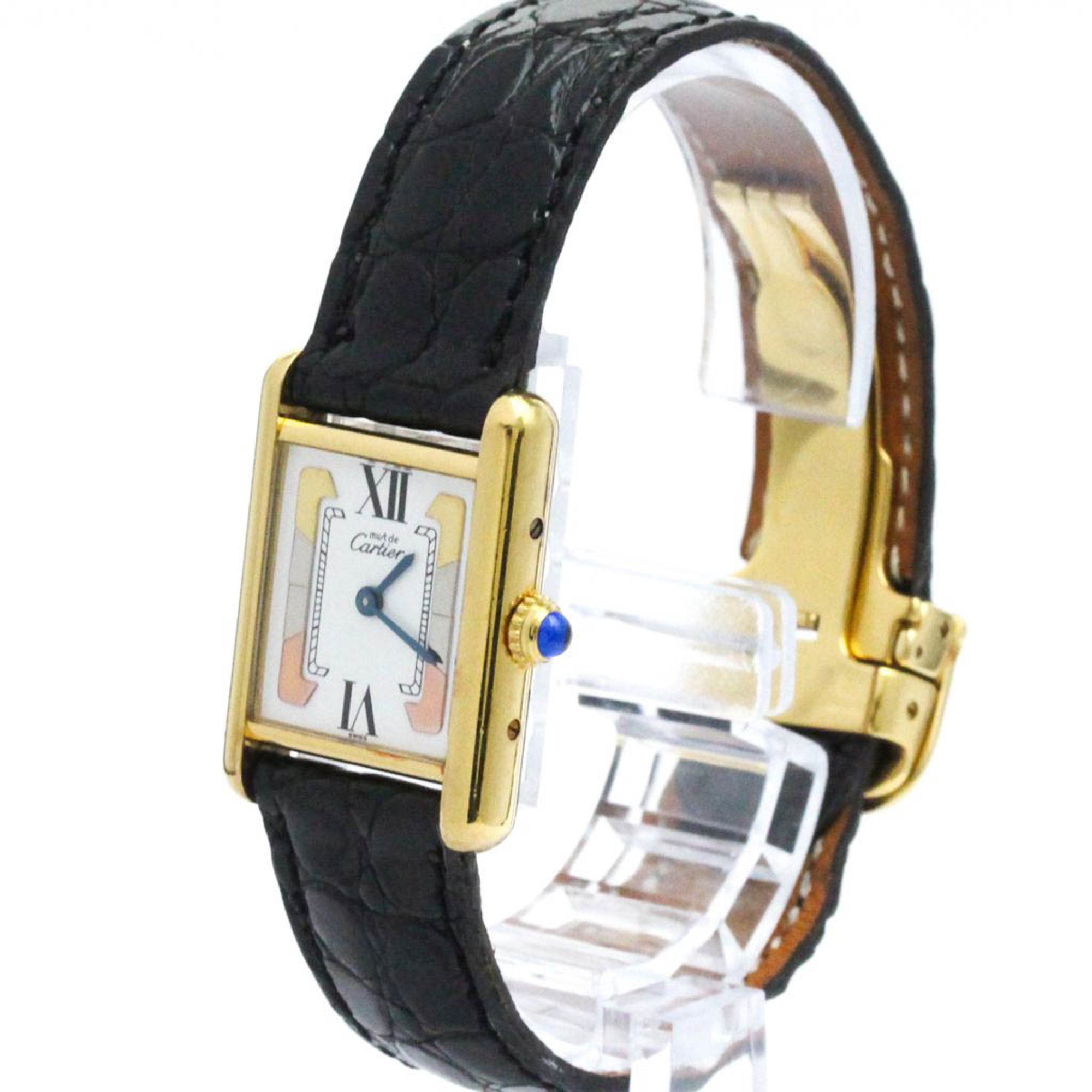 CARTIER Must Tank Vermeil Gold Plated Leather Quartz Ladies Watch BF575784