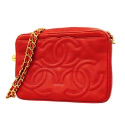 Chanel Shoulder Bag with Triple Coco Chain Caviar Skin Red Women's