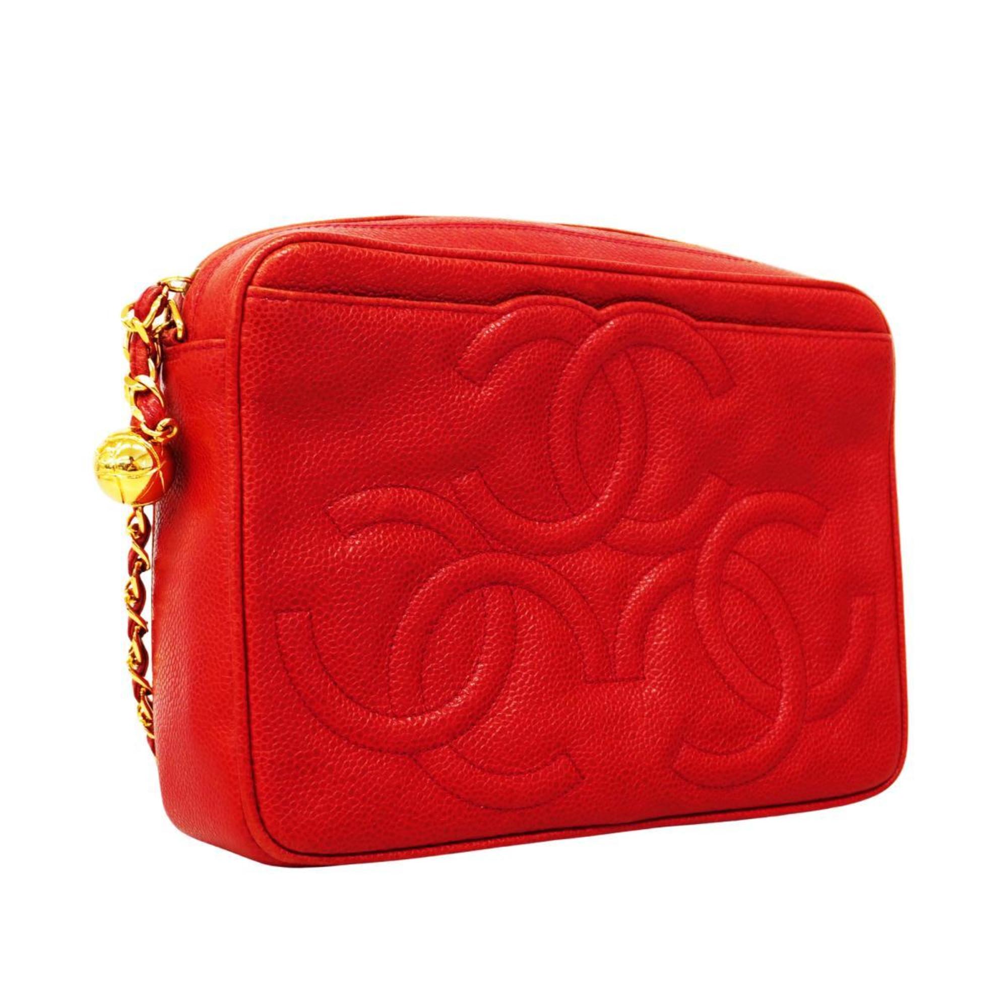 Chanel Shoulder Bag with Triple Coco Chain Caviar Skin Red Women's