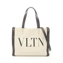 Valentino Garavani VLTN Rockstud Tote Bag Canvas Leather Women's Ivory Black