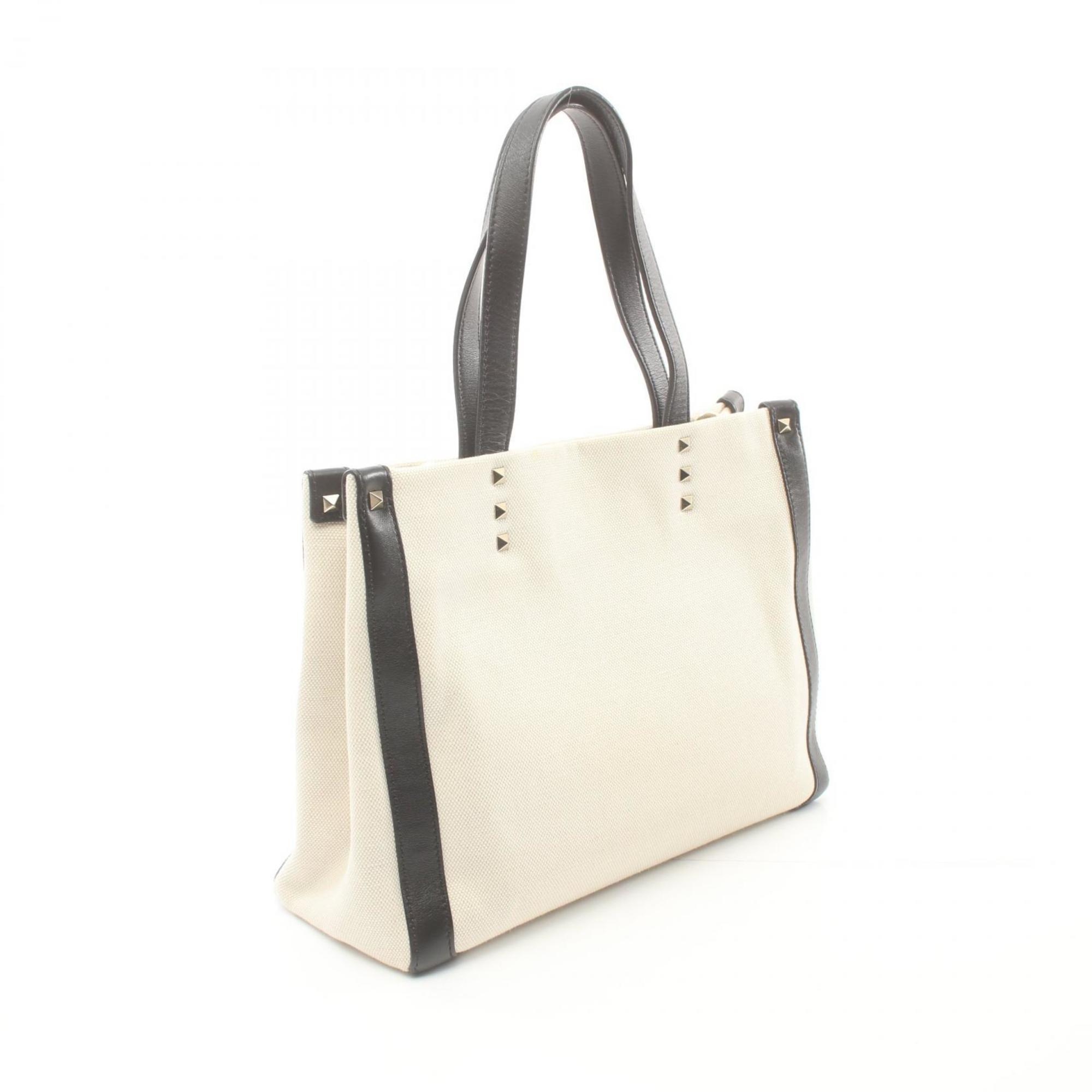 Valentino Garavani VLTN Rockstud Tote Bag Canvas Leather Women's Ivory Black