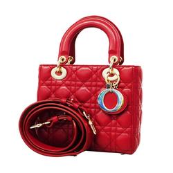 Christian Dior Handbag Cannage Lady Leather Red Champagne Women's