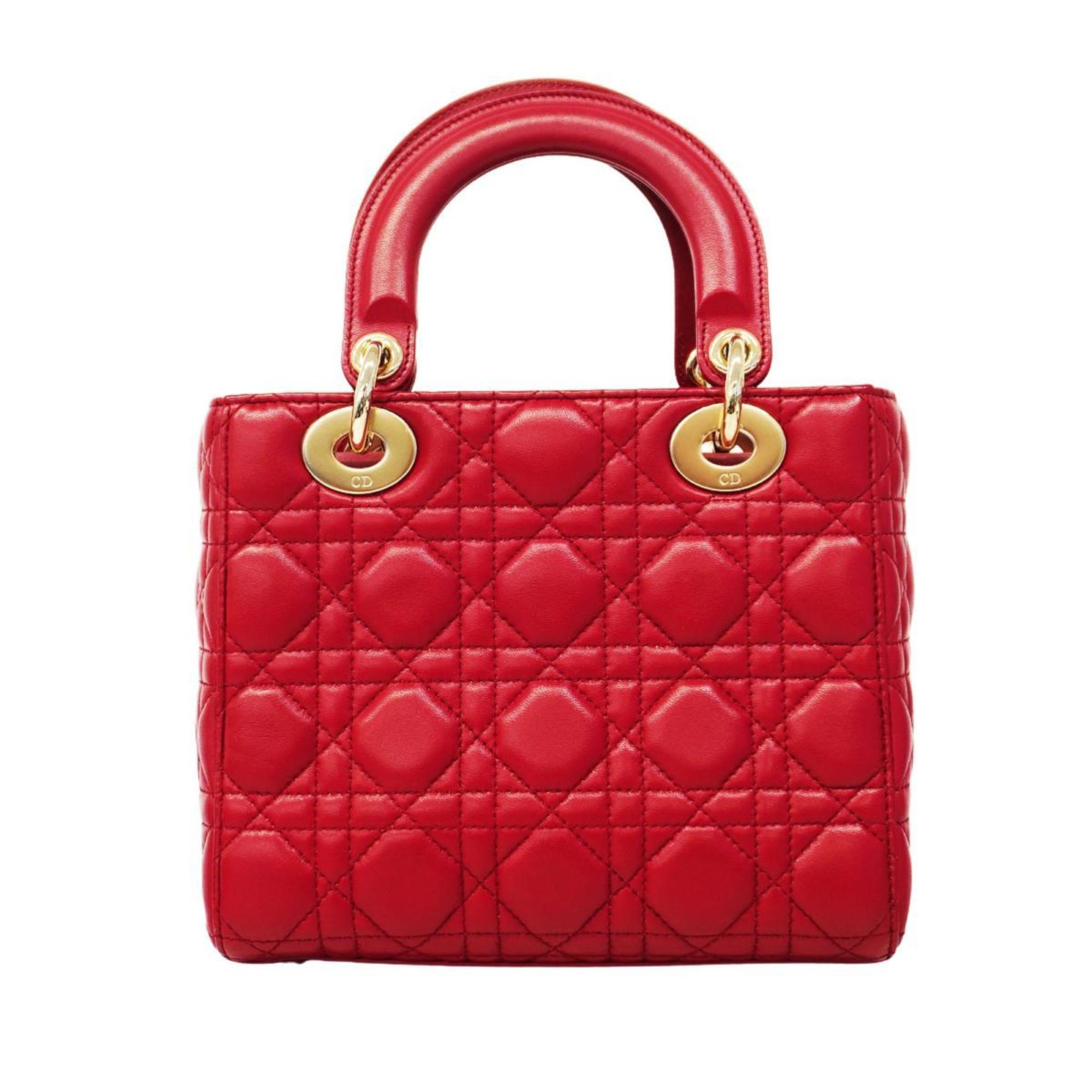 Christian Dior Handbag Cannage Lady Leather Red Champagne Women's