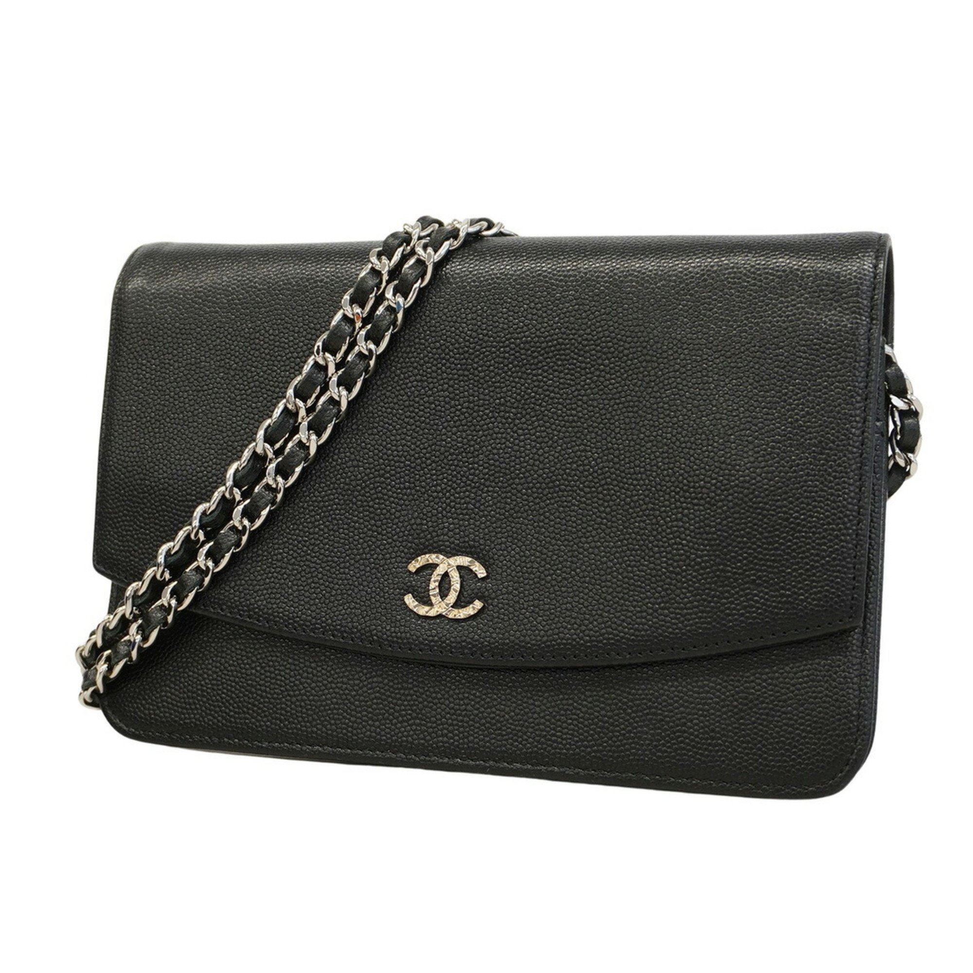 Chanel Shoulder Wallet Chain Caviar Skin Black Women's