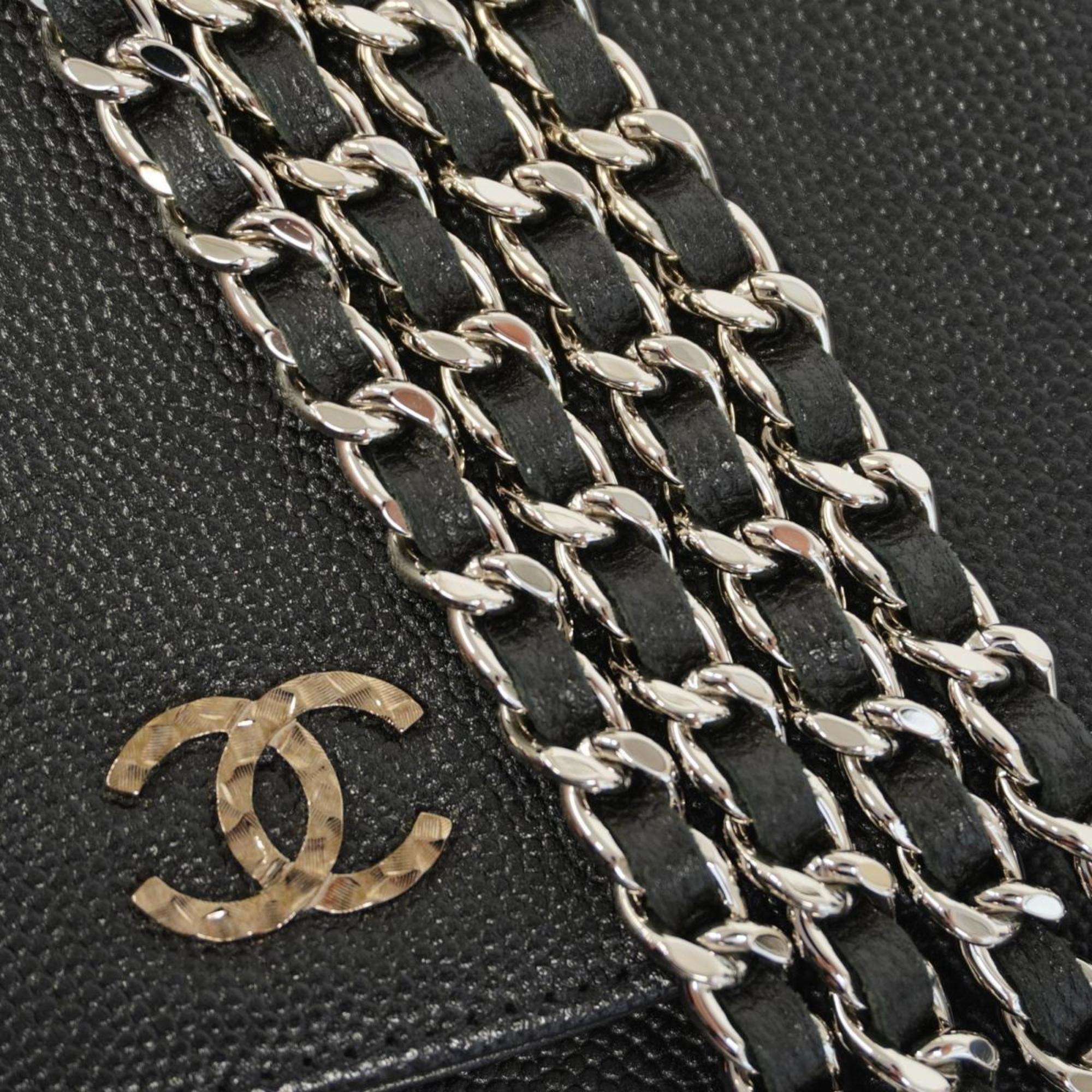 Chanel Shoulder Wallet Chain Caviar Skin Black Women's