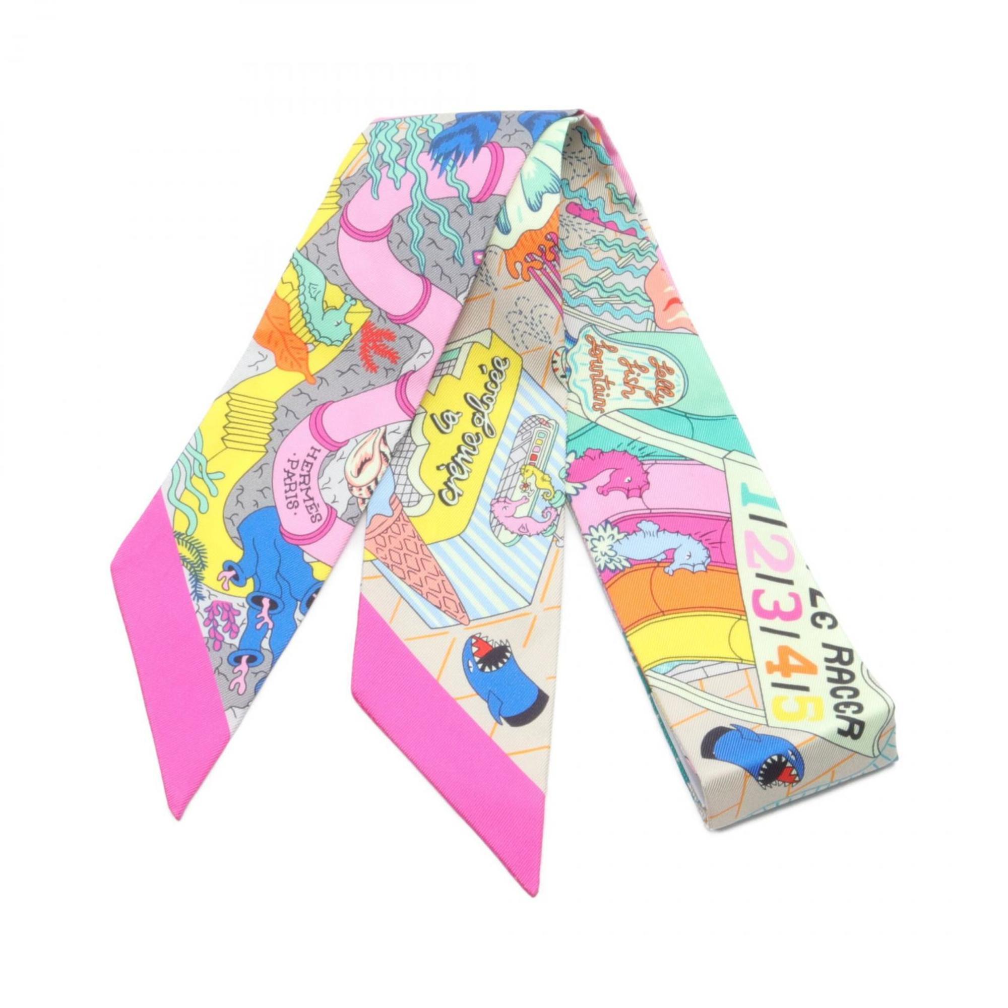 Hermes Twilly SPLASH PARK Scarf Silk Women's Pink Multicolor