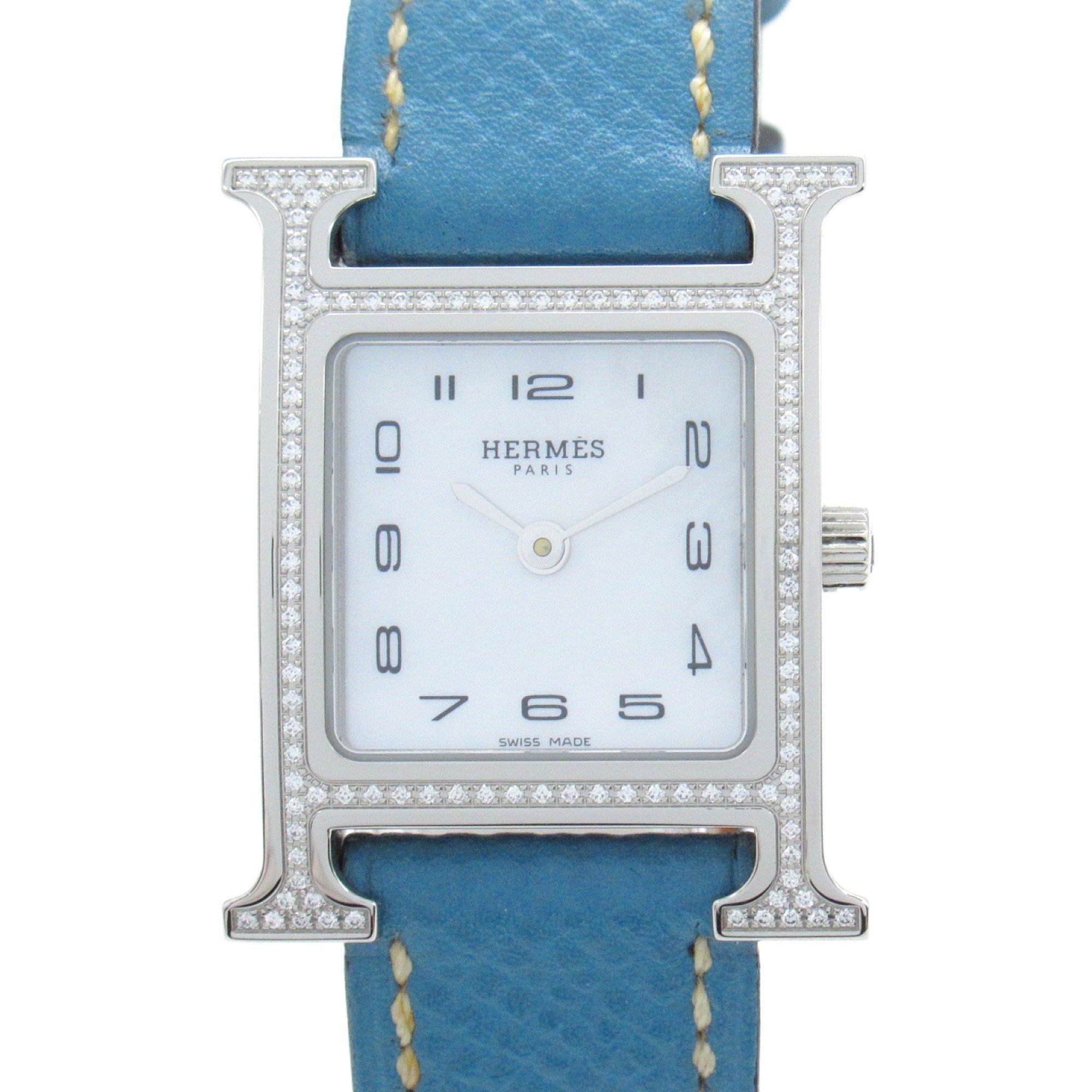 Hermes HERMES H Watch Diamond Bezel Wristwatch Stainless Steel Ladies White Shell HH1.235