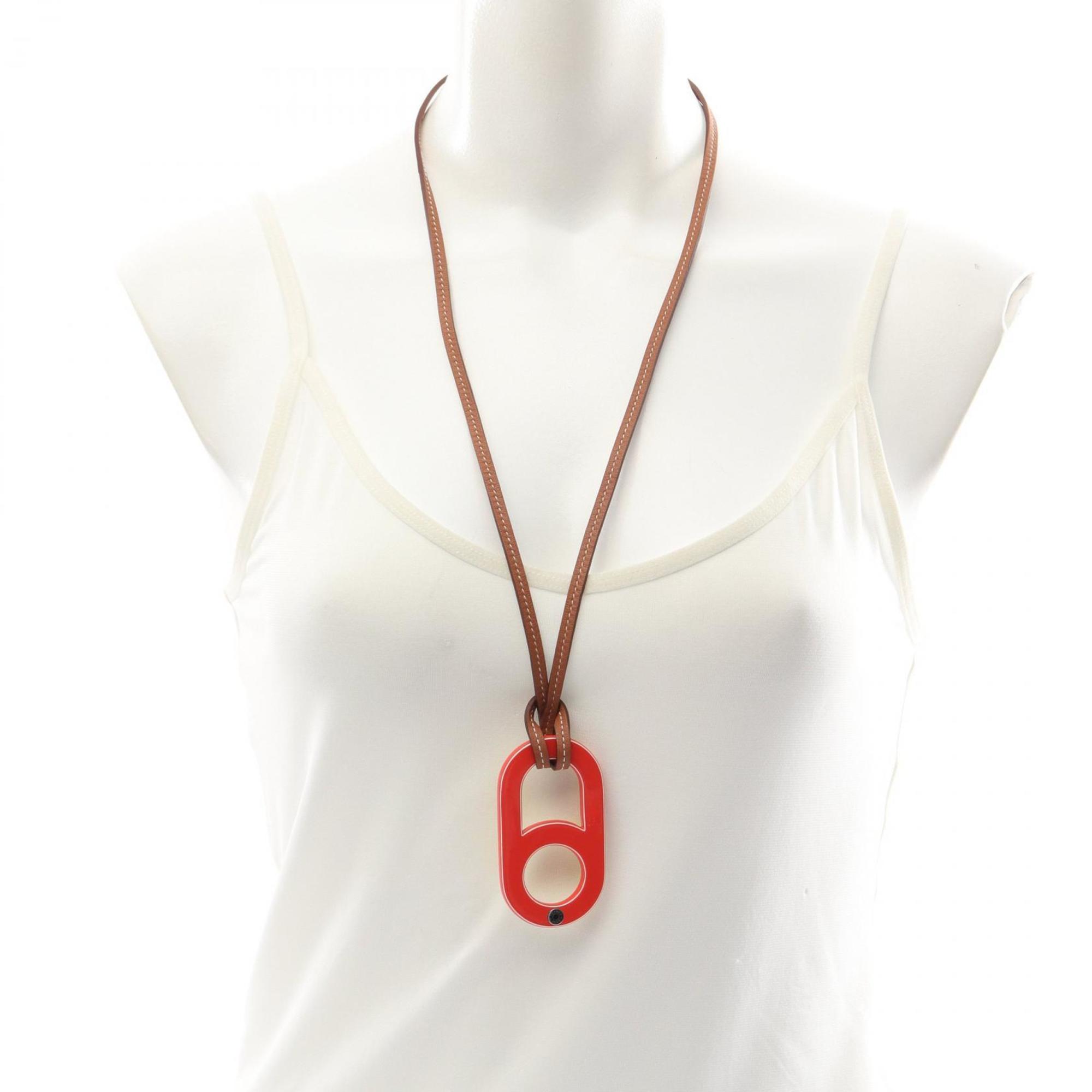 Hermes HERMES Variation Necklace Leather Lacquer Women's Red Yellow Brown