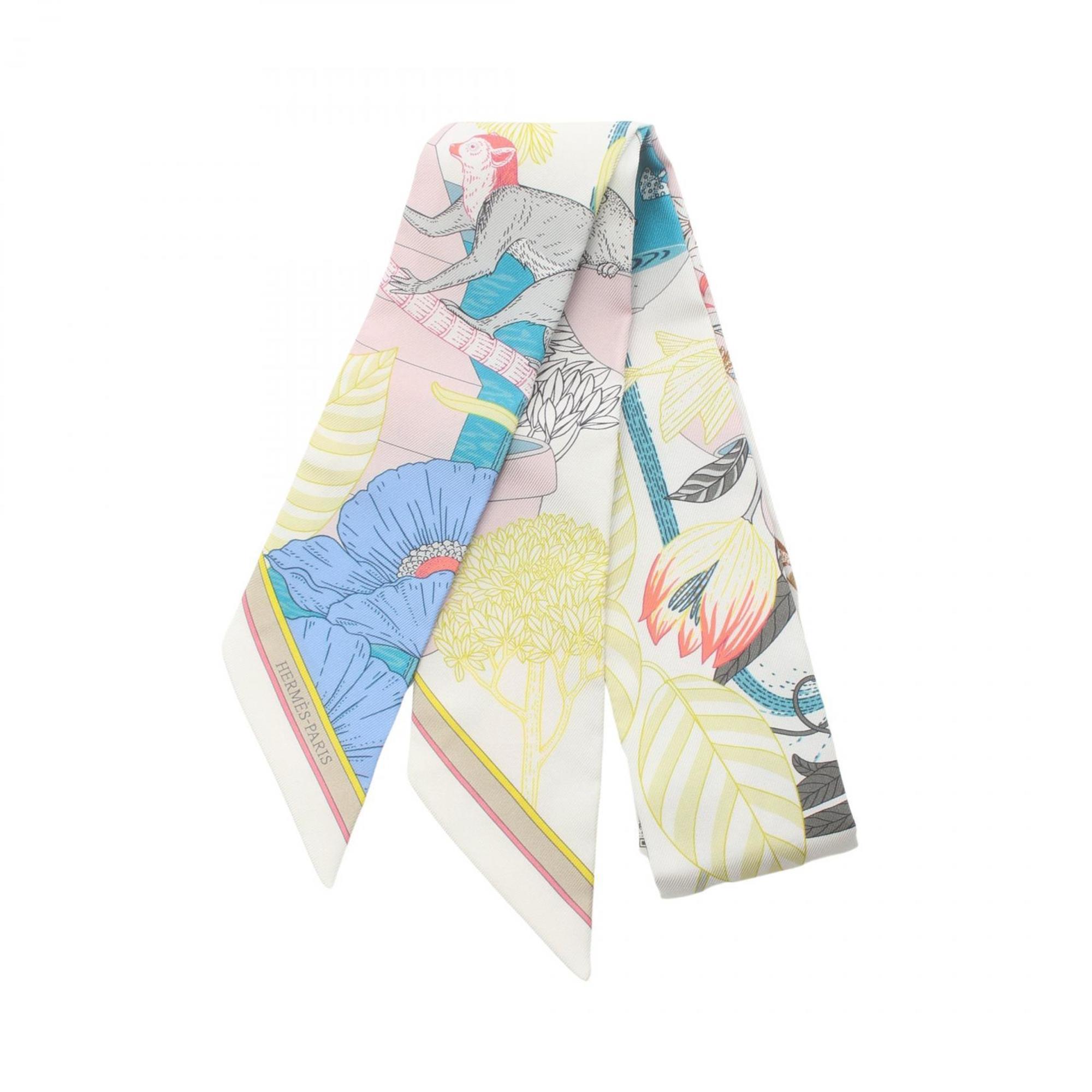 Hermes Twilly PRECIOUS PARADAISE Silk Scarf for Women White Multicolor