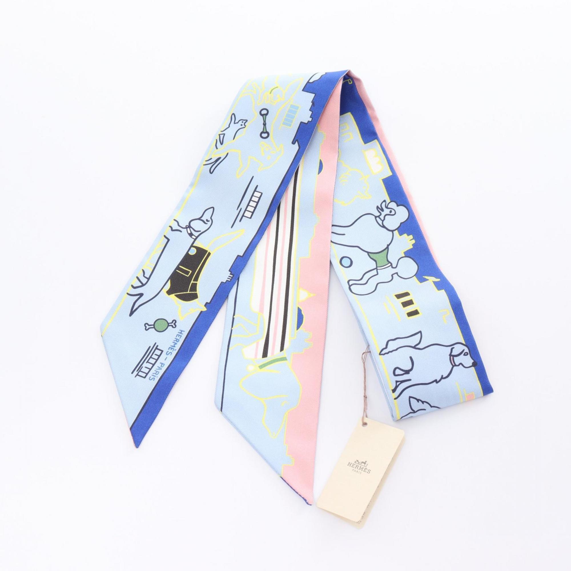 Hermes Twilly LES CHIENS PARISIENS Ribbon Scarf Silk Women's Blue Multicolor