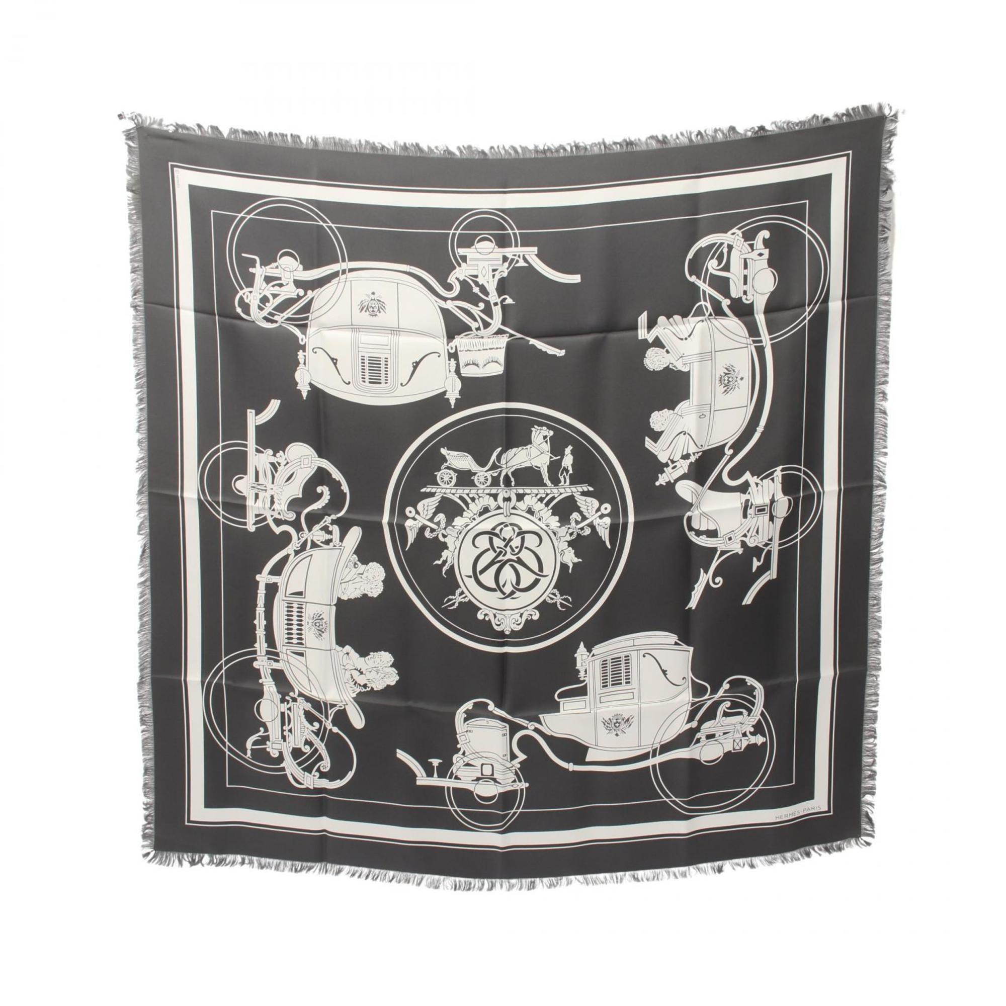 Hermes HERMES Carré H80 Frange Ex-Libris Scarf Silk Men's Grey White