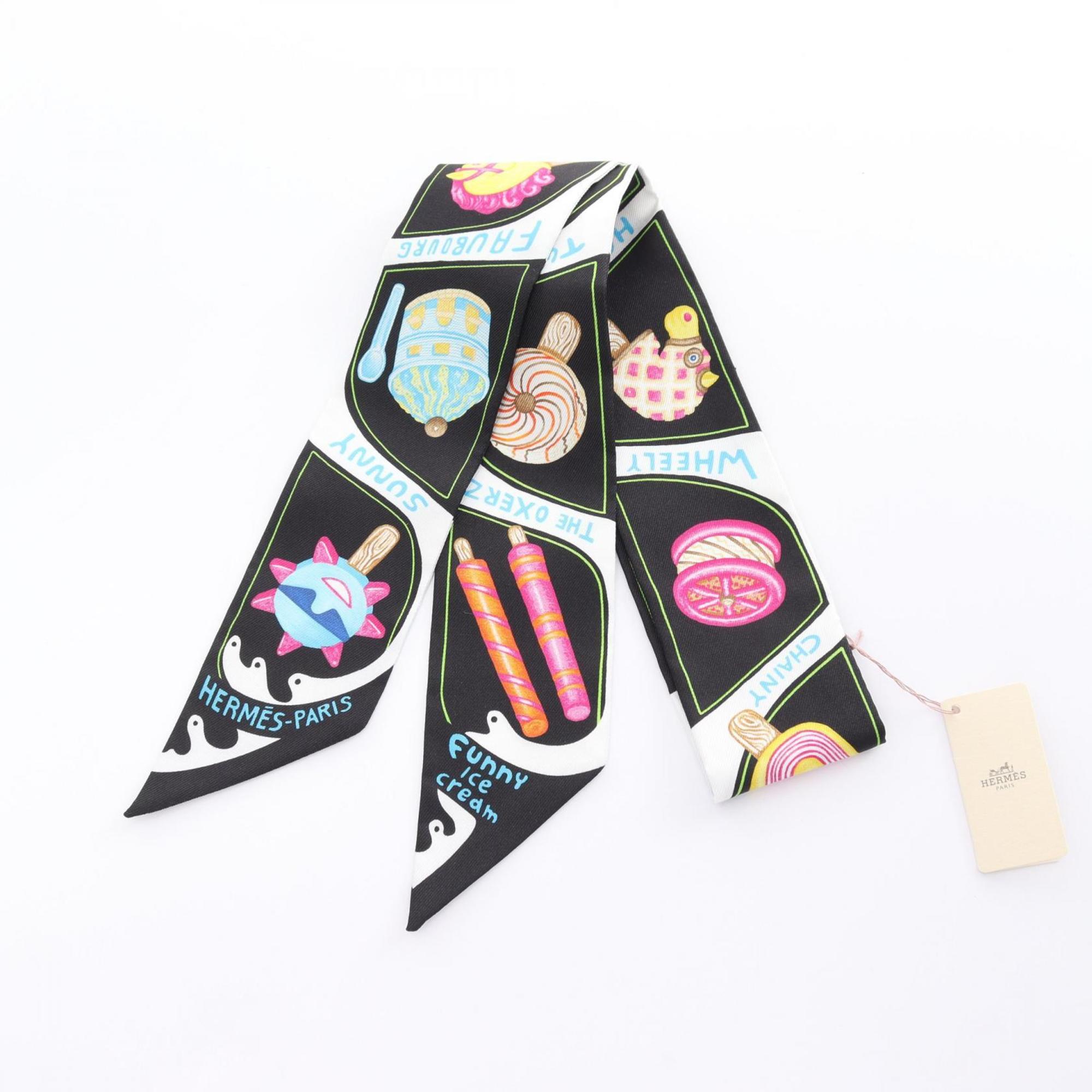 Hermes HERMES Twilly FUNNY ICE CREA Ribbon Scarf Silk Women's Black Multicolor H064109S