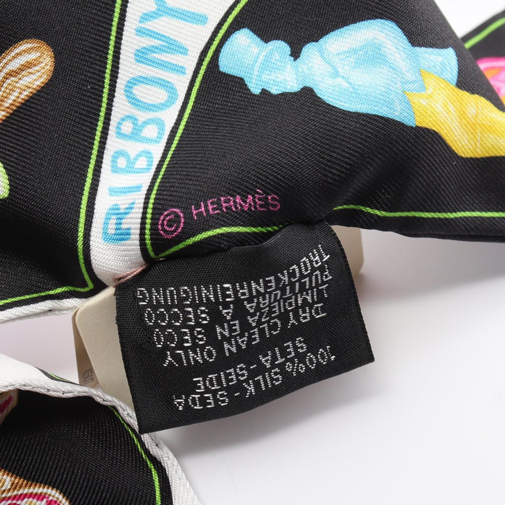 Hermes HERMES Twilly FUNNY ICE CREA Ribbon Scarf Silk Women's Black Multicolor H064109S