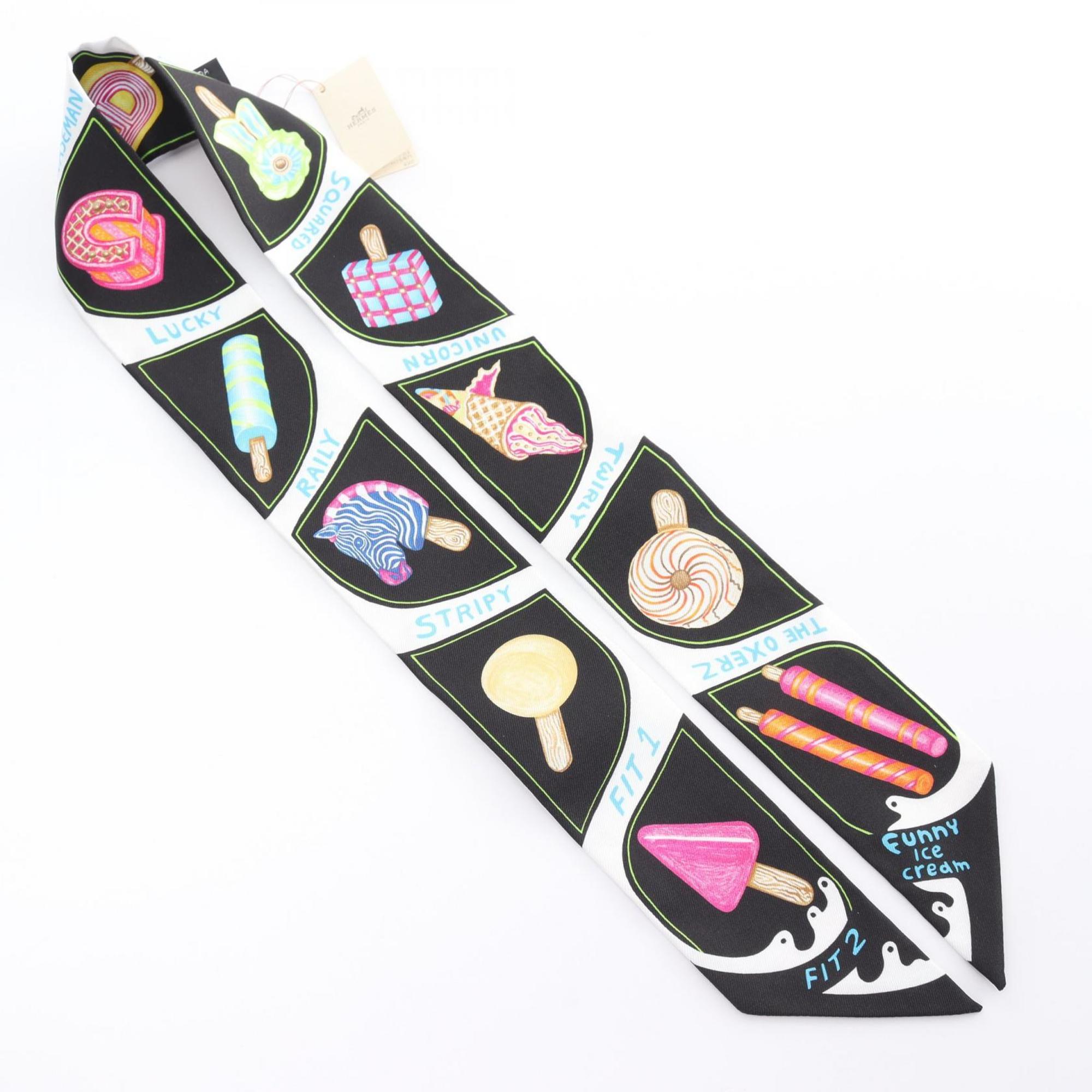 Hermes HERMES Twilly FUNNY ICE CREA Ribbon Scarf Silk Women's Black Multicolor H064109S