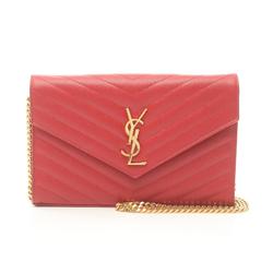 Yves Saint Laurent Monogram Shoulder Bag Leather Women's Red