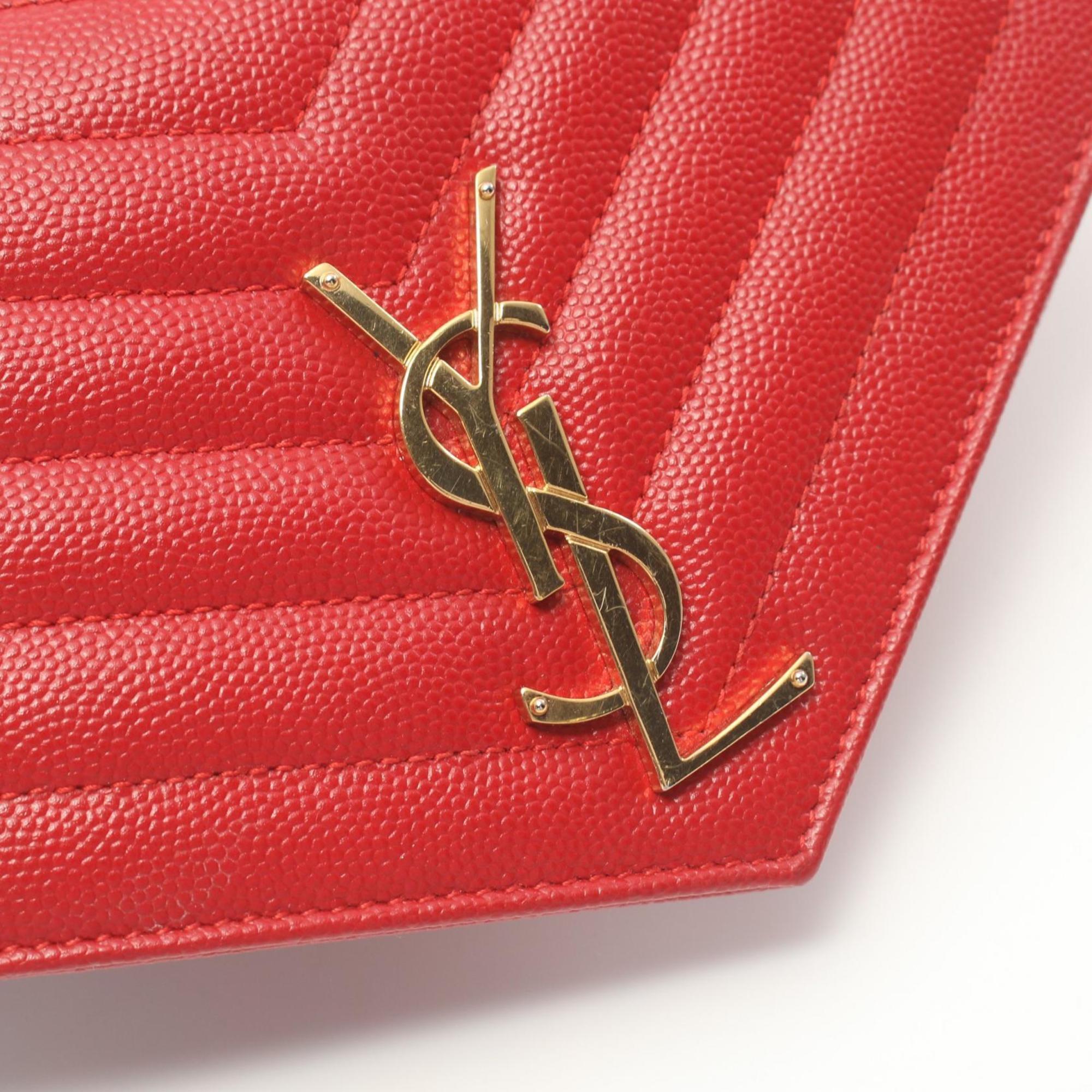 Yves Saint Laurent Monogram Shoulder Bag Leather Women's Red