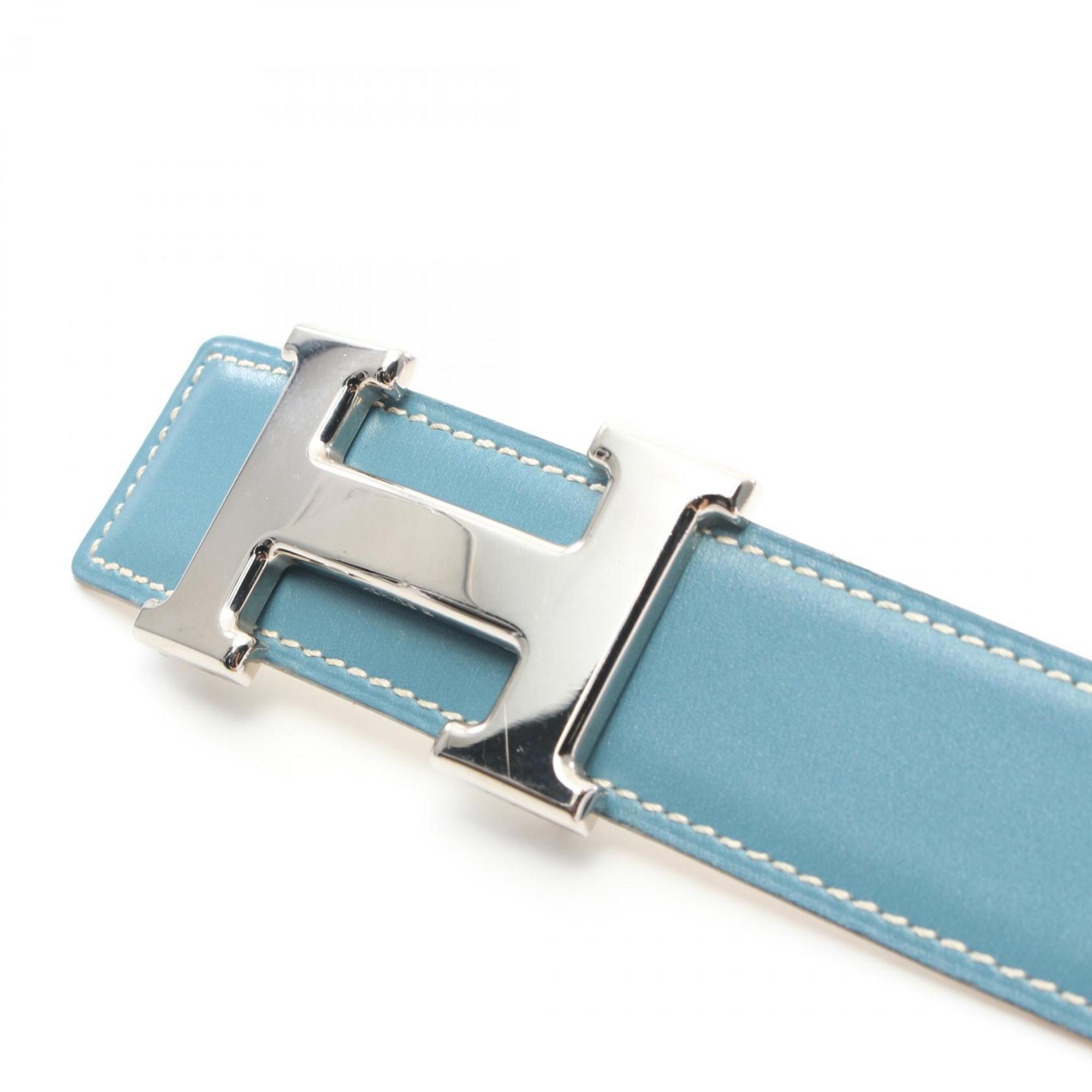 Hermes HERMES Constance H Belt Blue Jean Clothing Calf (Cowhide) Box Women's White