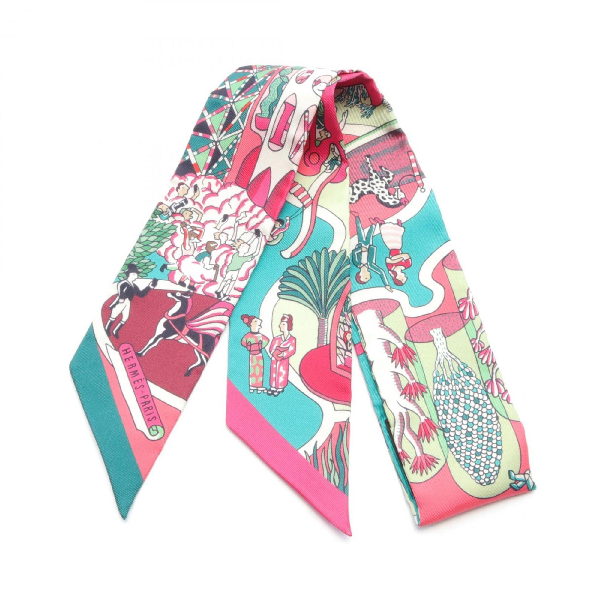 Hermes Twilly EXPOSITION UNIVERSELLE Silk Scarf for Women Pink Green Multicolor