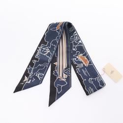 Hermes Twilly LES CHIENS PARISIENS Ribbon Scarf Silk Women's Navy Multicolor H064116S