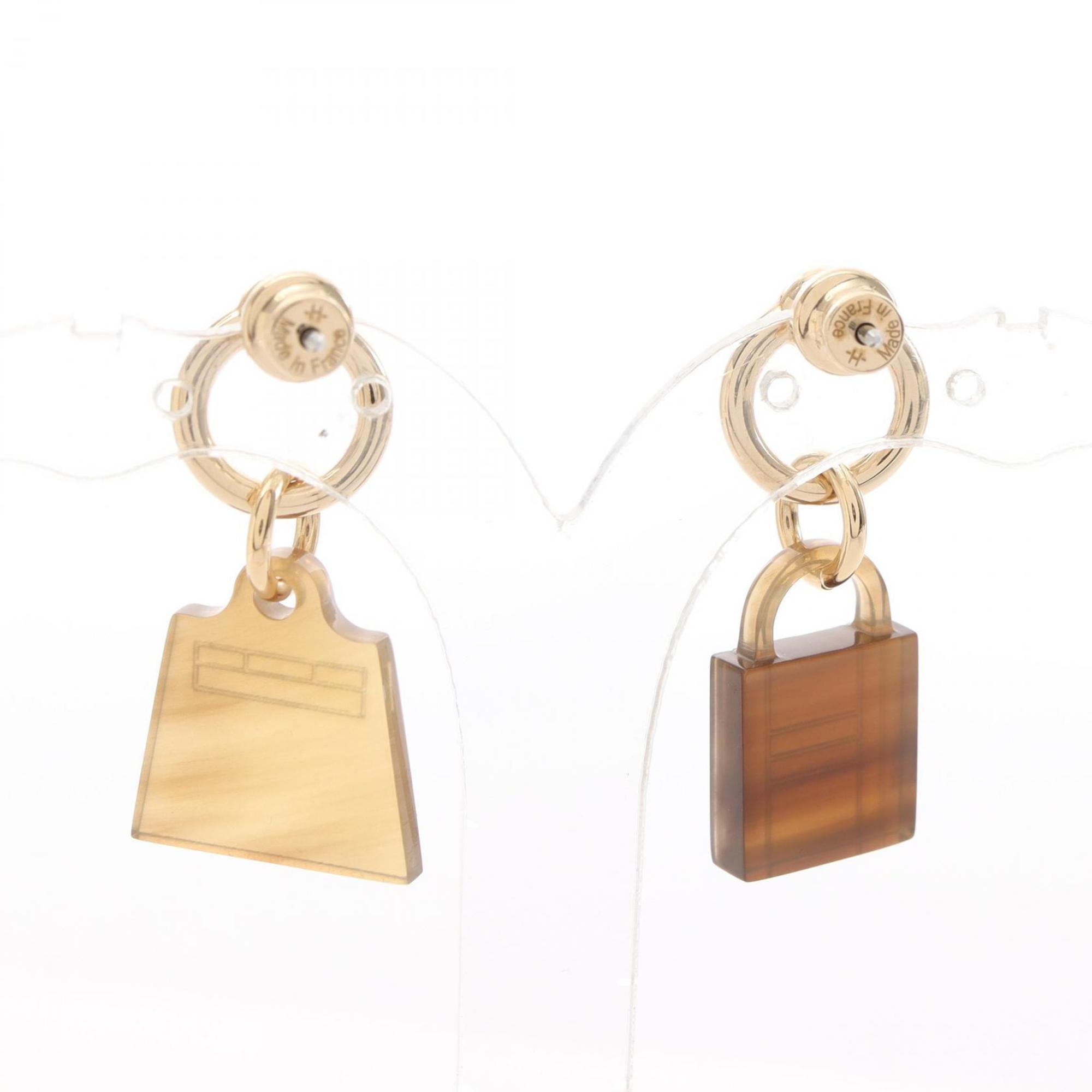 Hermes HERMES Amulet Maroquinier Kelly Padlock Earrings GP (Gold Plated) Buffalo Horn Women's Beige Brown