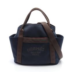 Hermes HERMES Sac de Pansage Groom Tote Bag Leather Toile Chevron Men's Women's Navy Brown