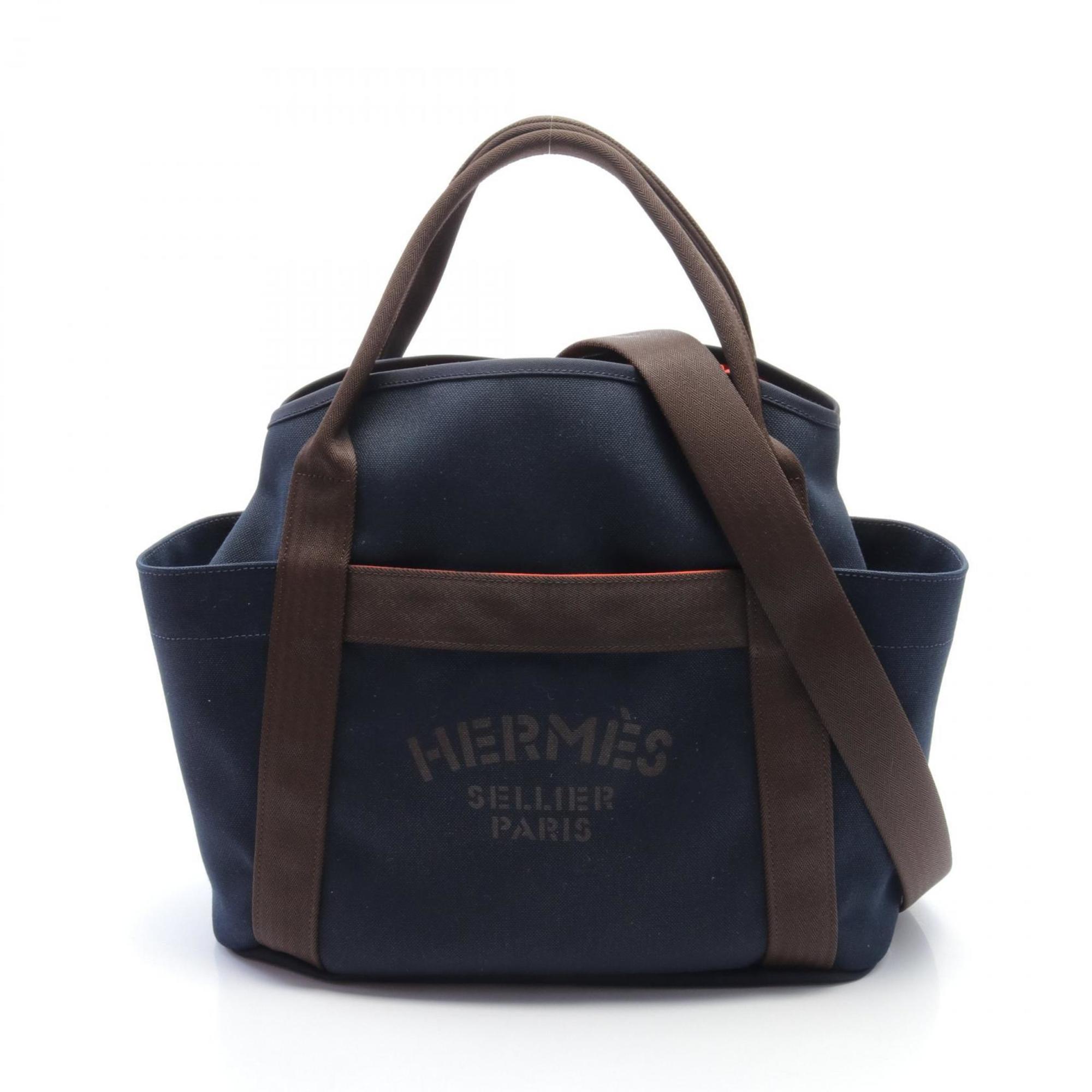 Hermes HERMES Sac de Pansage Groom Tote Bag Leather Toile Chevron Men's Women's Navy Brown