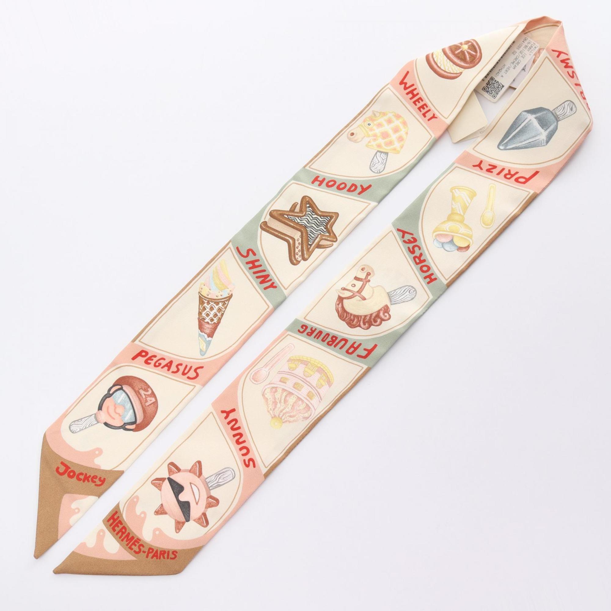 Hermes HERMES Twilly FUNNY ICE CREA Ribbon Scarf Silk Women's Ivory Multicolor H064109S 02