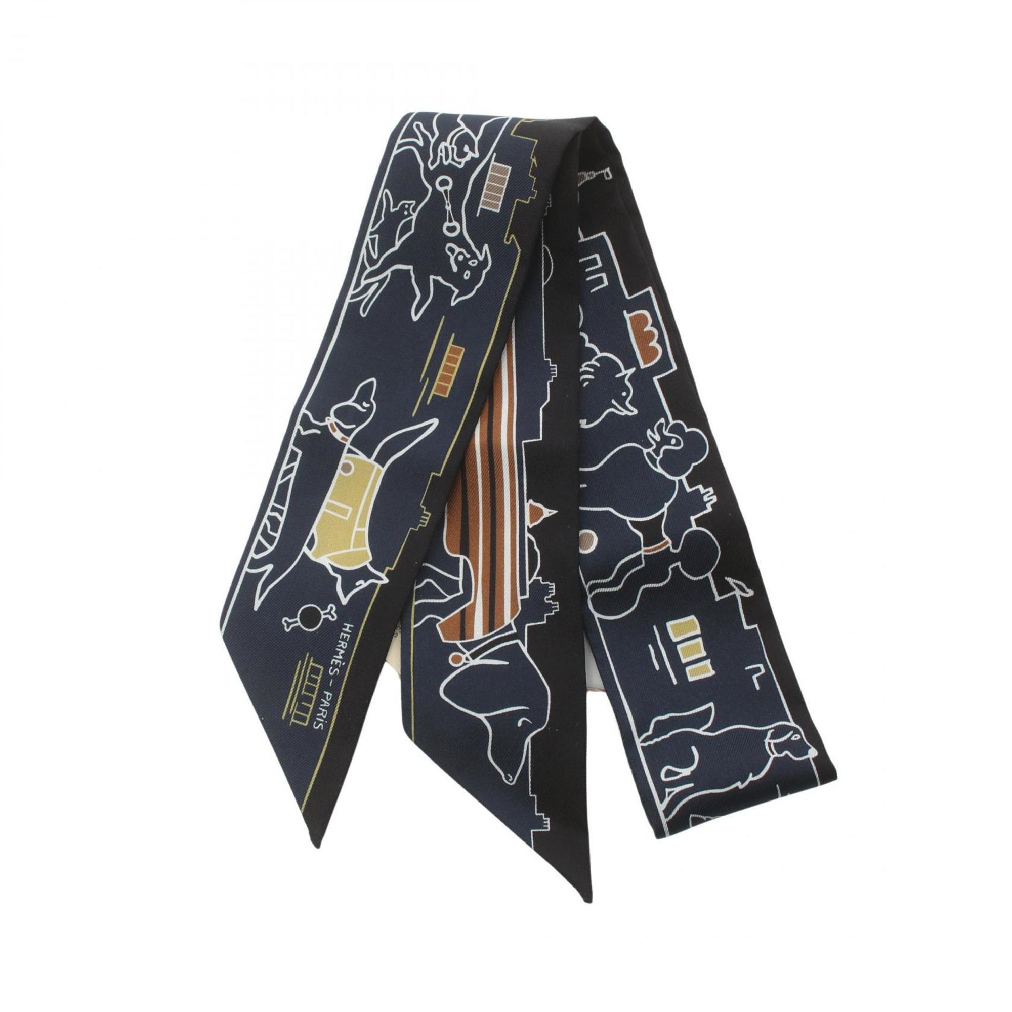 Hermes Twilly LES CHIENS PARISIENS Silk Scarf for Women Navy Multicolor H064116S