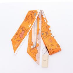 Hermes Twilly LES CHIENS PARISIENS Ribbon Scarf Silk Women's Orange Multicolor H064116S