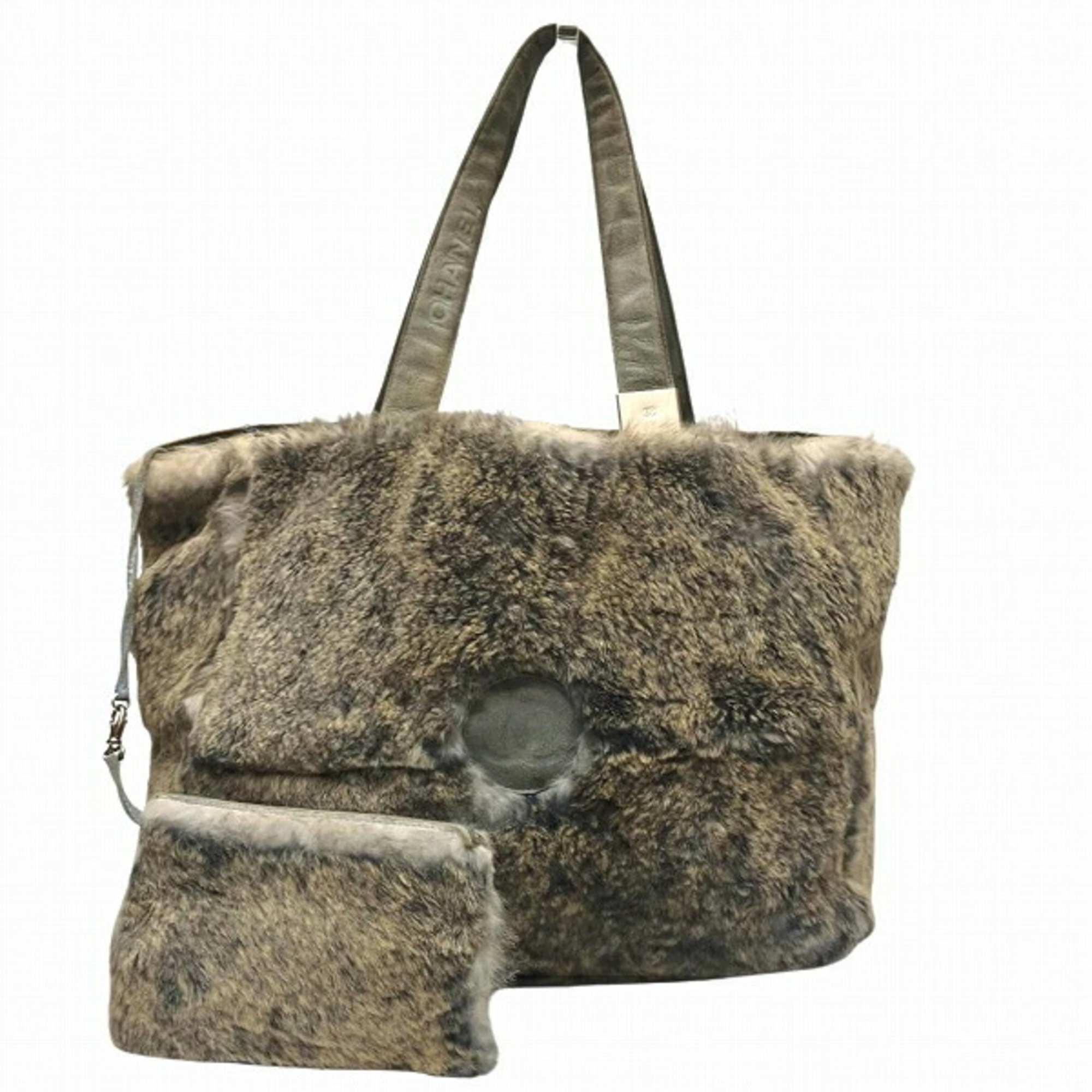 CHANEL Lapin Fur Grey Bag Tote Handbag Women's