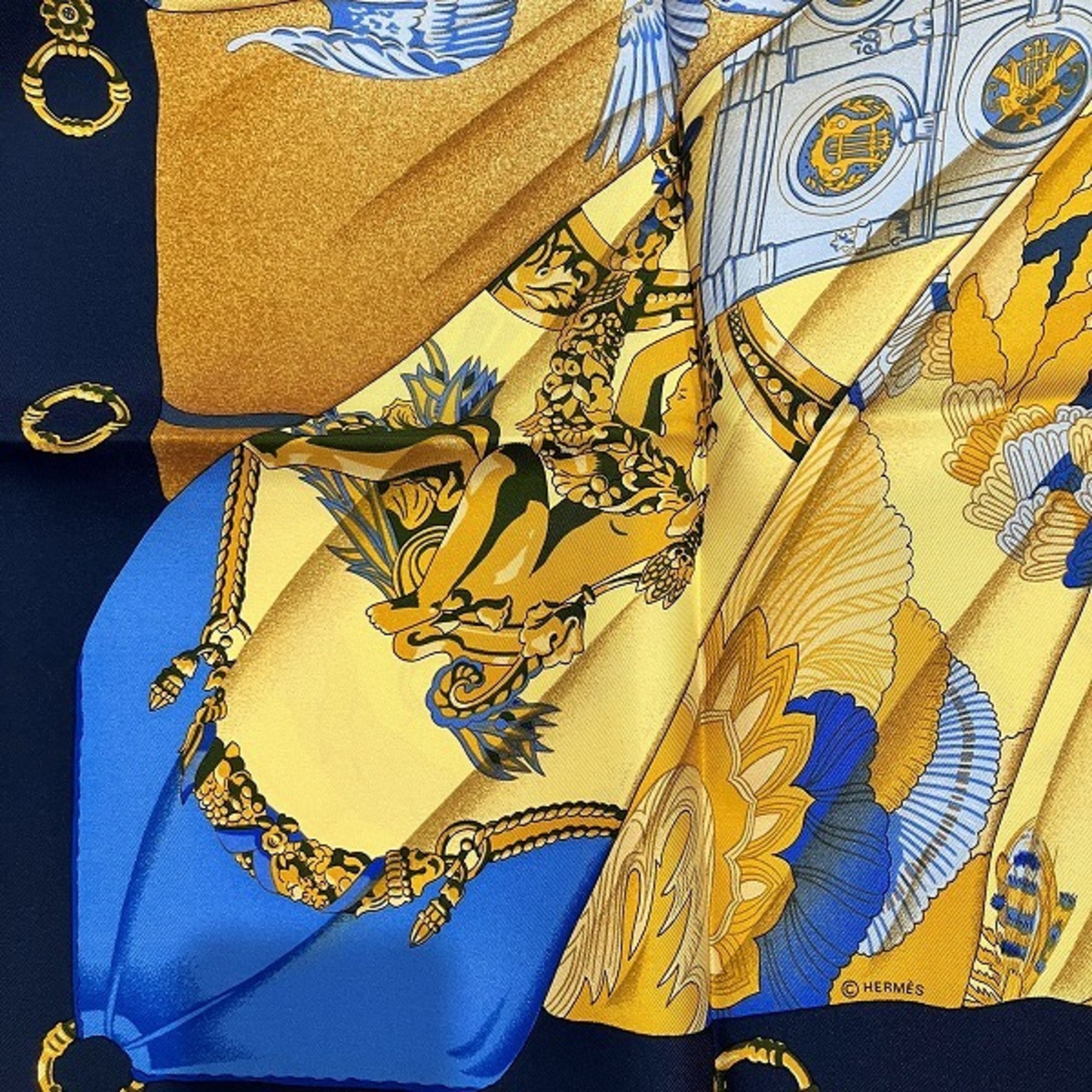 Hermes Carré 90 Silk Sun Blue Accessories Scarf Women's