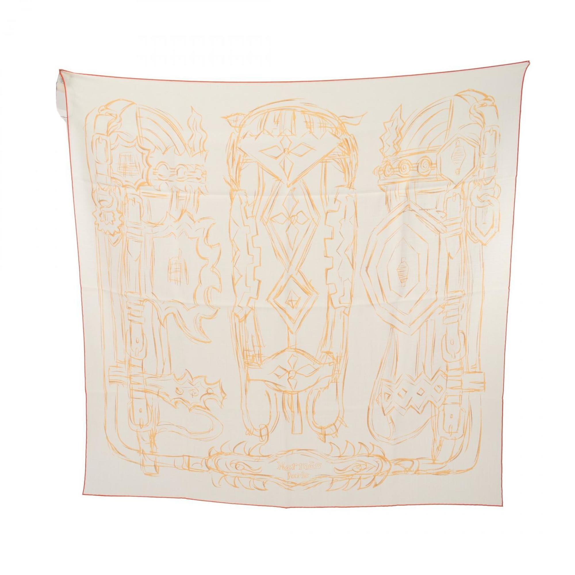 Hermes HERMES Carre 90 Brides et Destin Esquisse Scarf Cashmere Women's White Orange