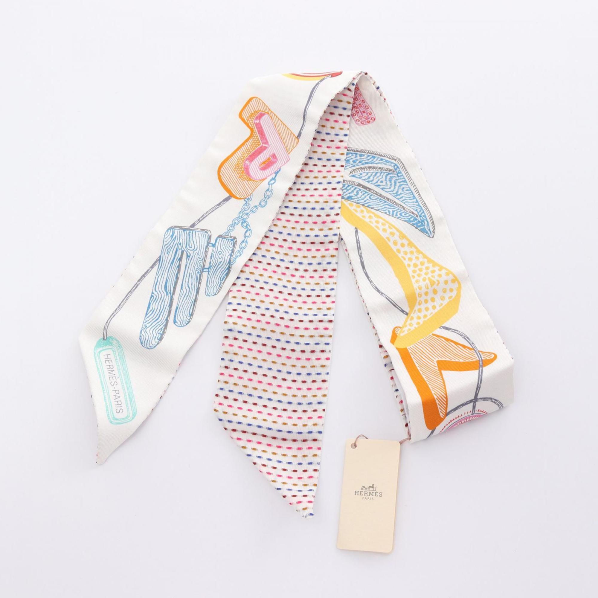 Hermes Twilly Chevaloscope Neon Scarf Silk Women's White Multicolor