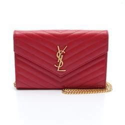 Yves Saint Laurent Monogram Shoulder Bag Leather Women's Red 377828