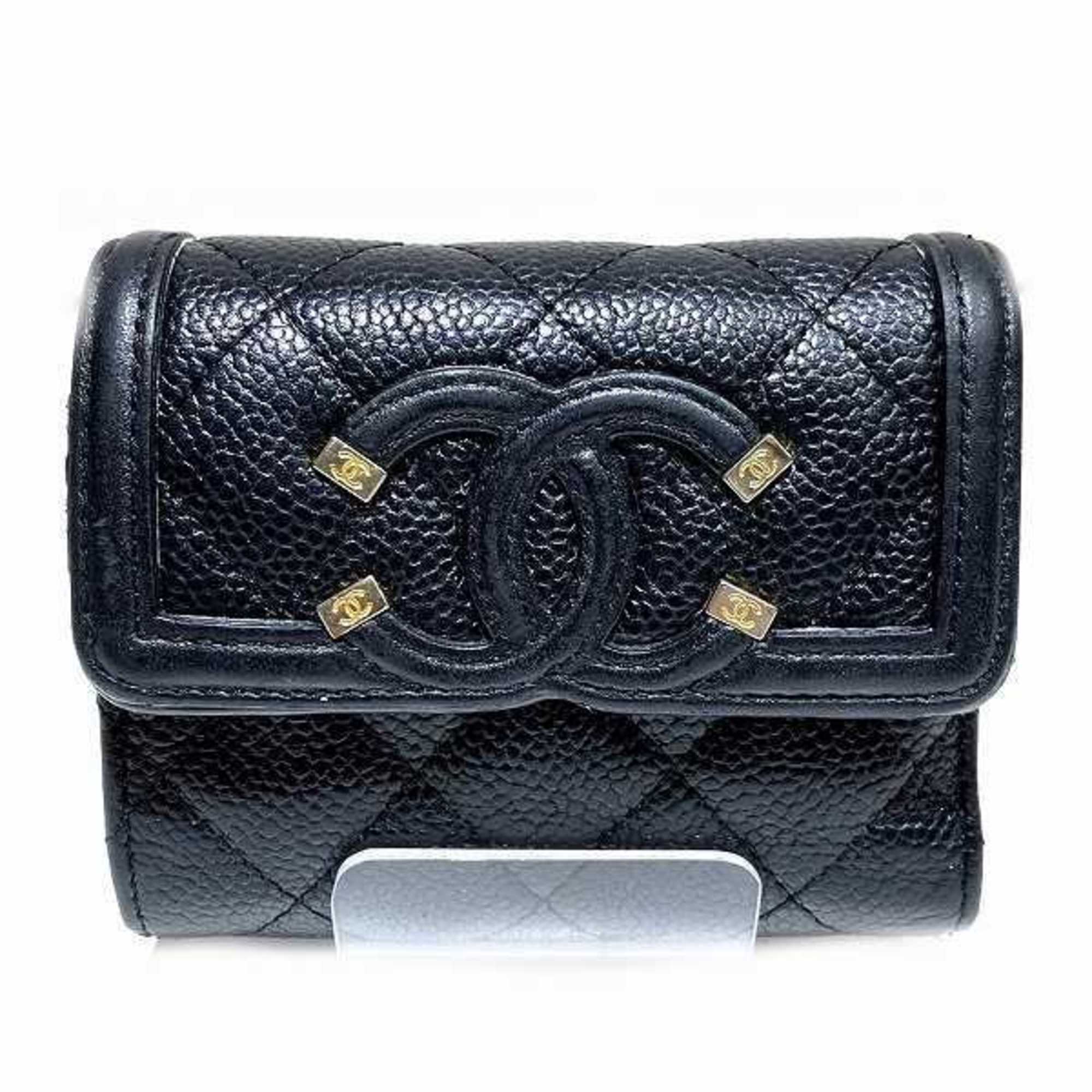 Chanel CHANEL CC Filigree Small Compact Wallet Caviar Skin Tri-fold for Women