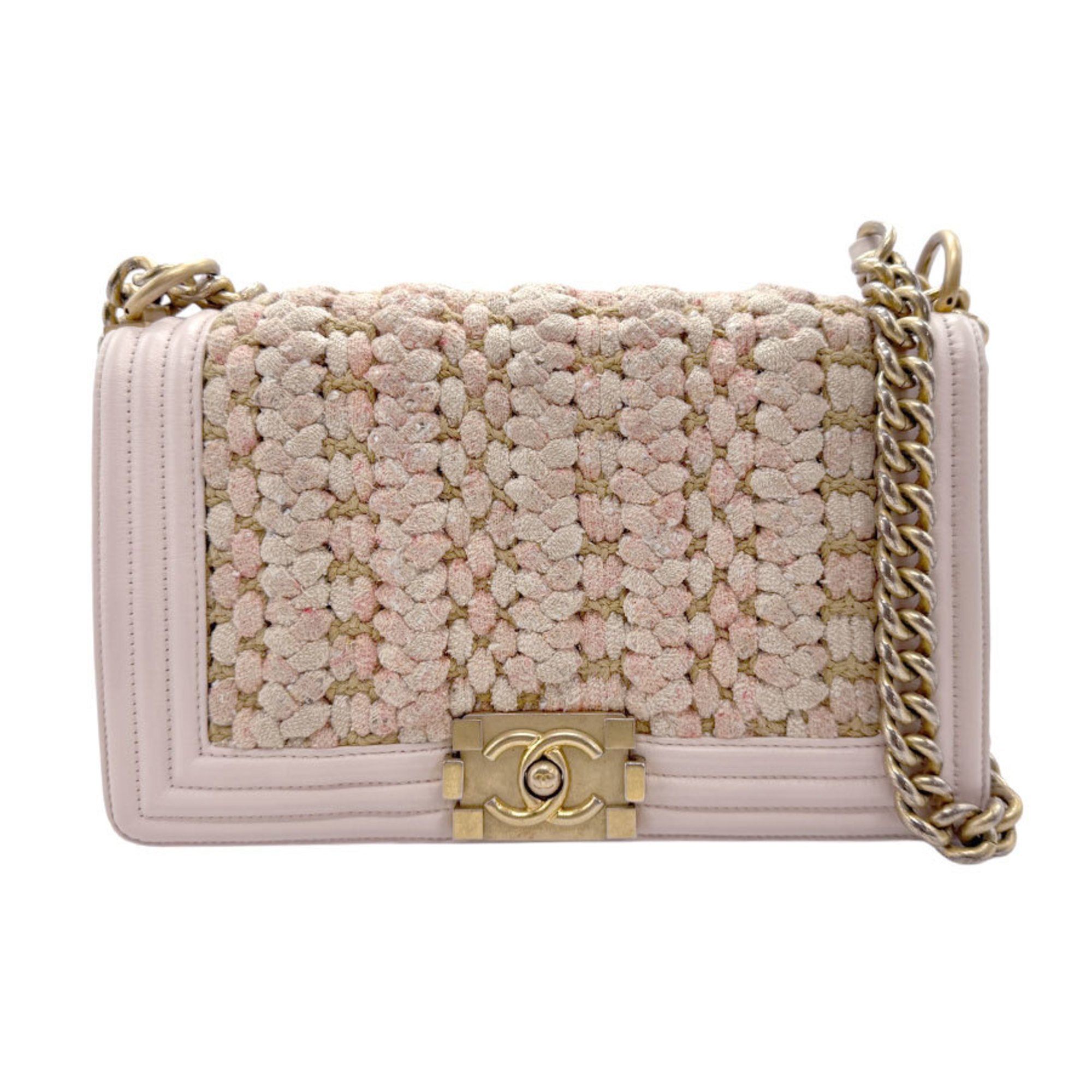 CHANEL Shoulder Bag Boy Chanel Cotton Leather Light Pink Beige Gold Women's z2286