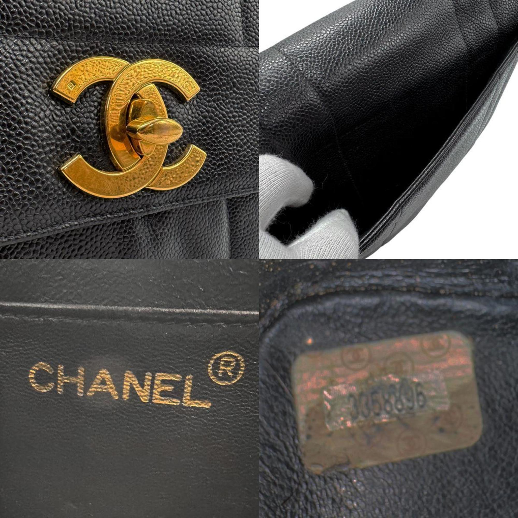 CHANEL Handbag Mademoiselle Caviar Skin Leather Black Gold Women's n0349