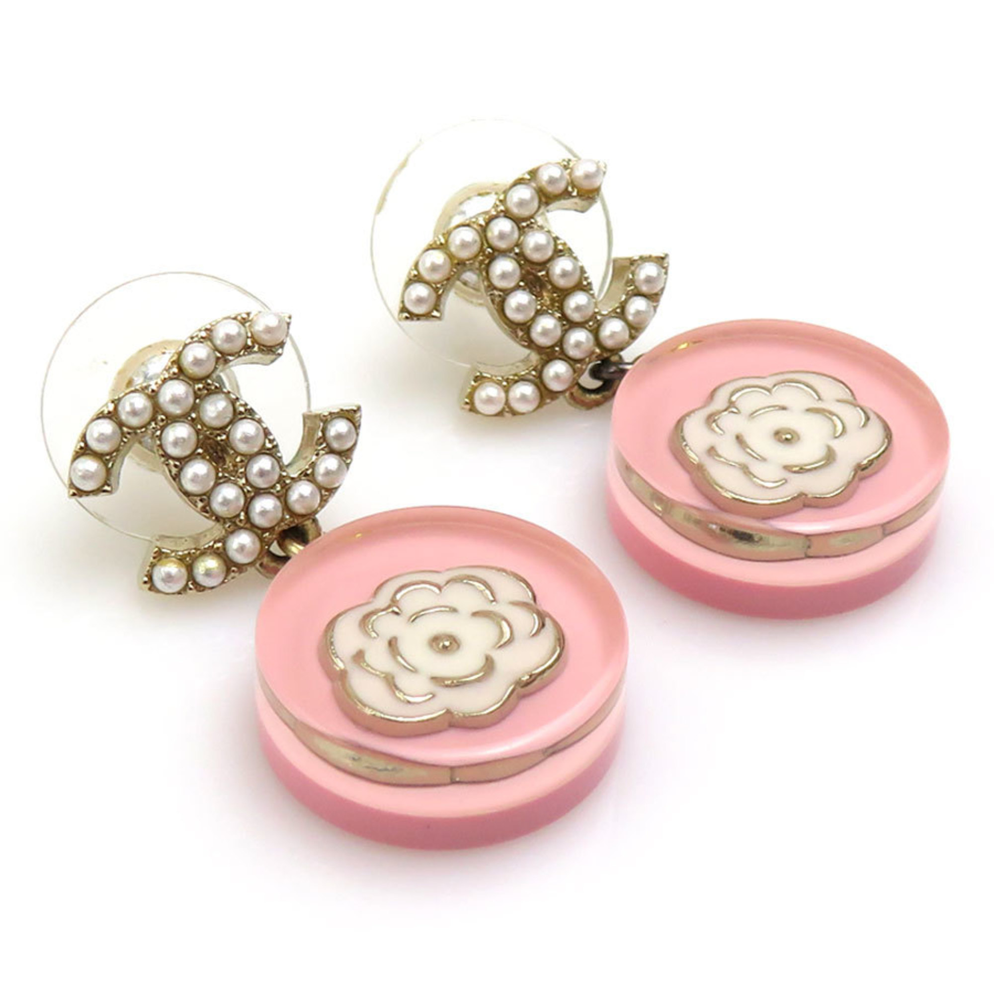 CHANEL Earrings Coco Mark Camellia Metal Resin Gold Pink Off-White Women's e59150g