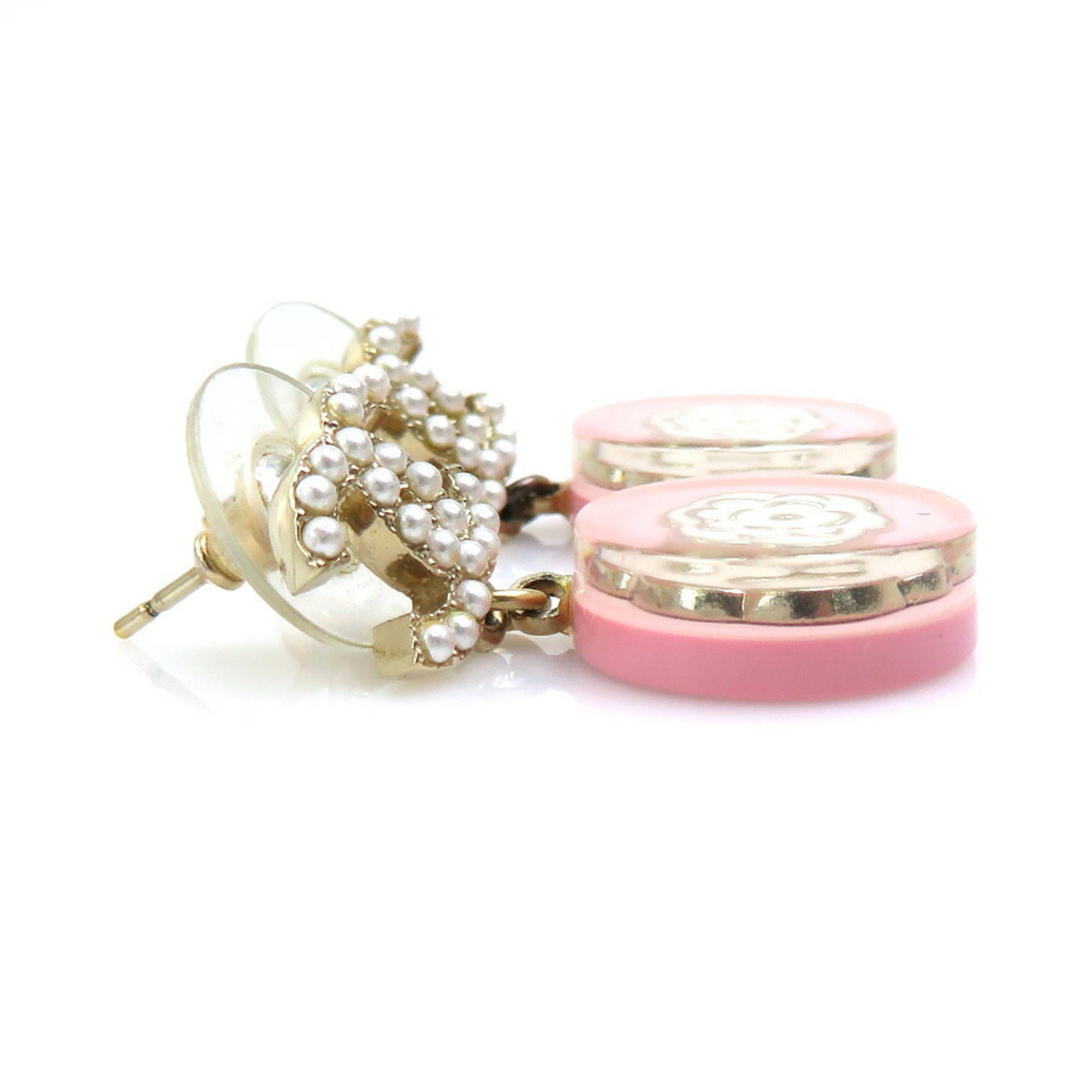 CHANEL Earrings Coco Mark Camellia Metal Resin Gold Pink Off-White Women's e59150g