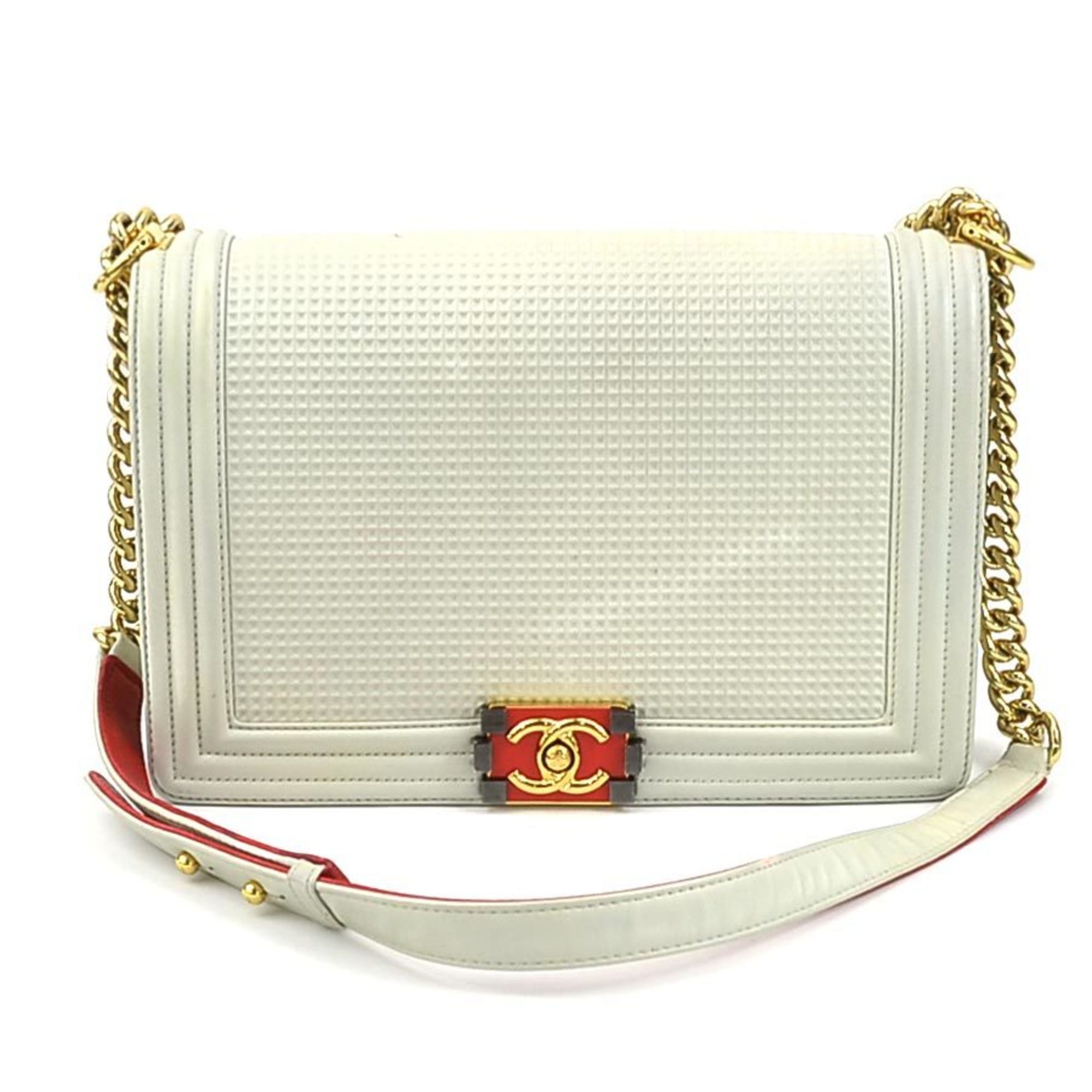 CHANEL Shoulder Bag Boy Chanel Leather Off-White Gold Women's e59140a