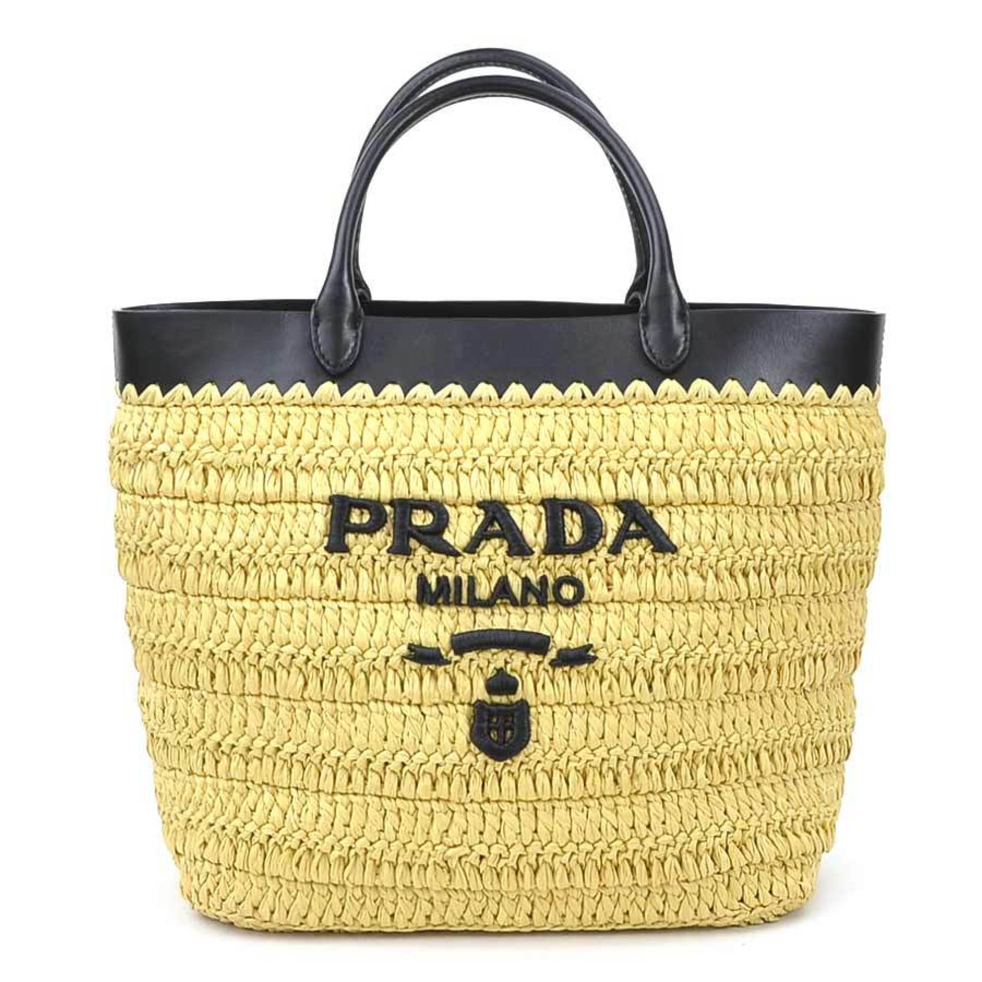 PRADA Handbag Shoulder Bag Small Crochet x Leather Tote Rayon Natural Black Women's 1BG500 e59119g