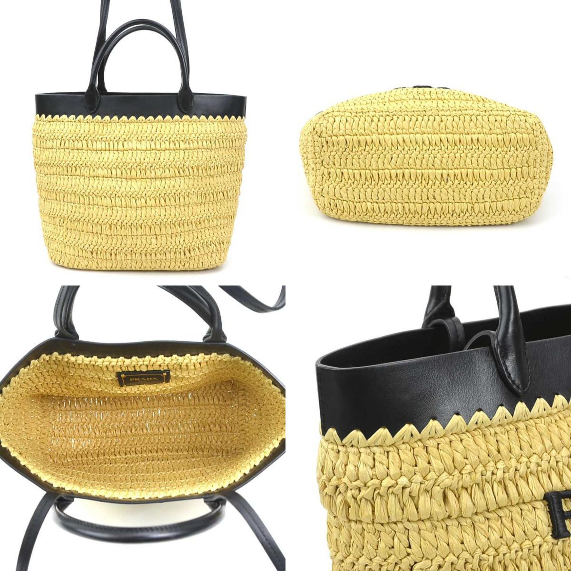 PRADA Handbag Shoulder Bag Small Crochet x Leather Tote Rayon Natural Black Women's 1BG500 e59119g