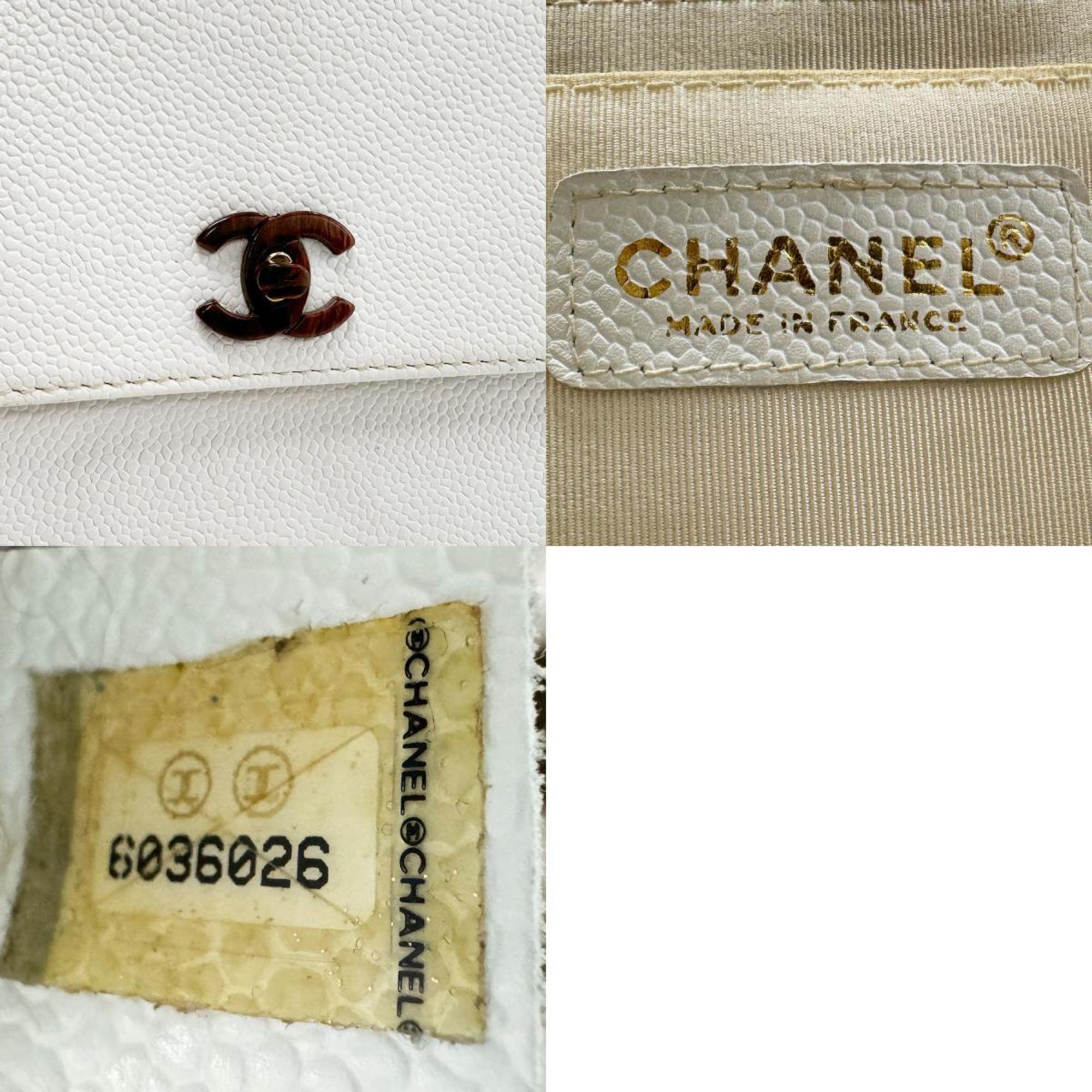 CHANEL Handbag Wood-look Caviar Skin Leather White x Brown Women's n0354