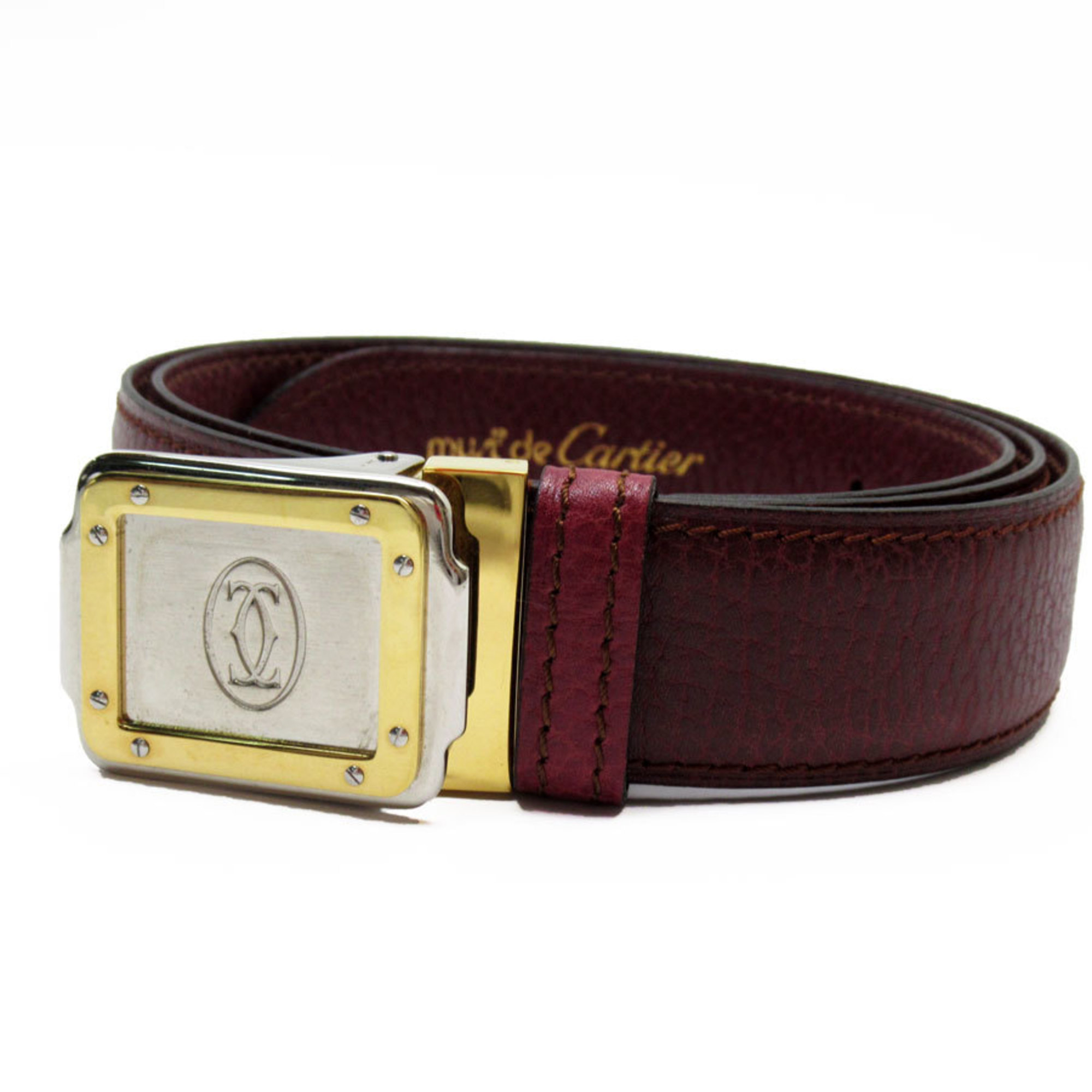 CARTIER Belt Must Line Leather Metal Burgundy Silver Gold Women's w0708g