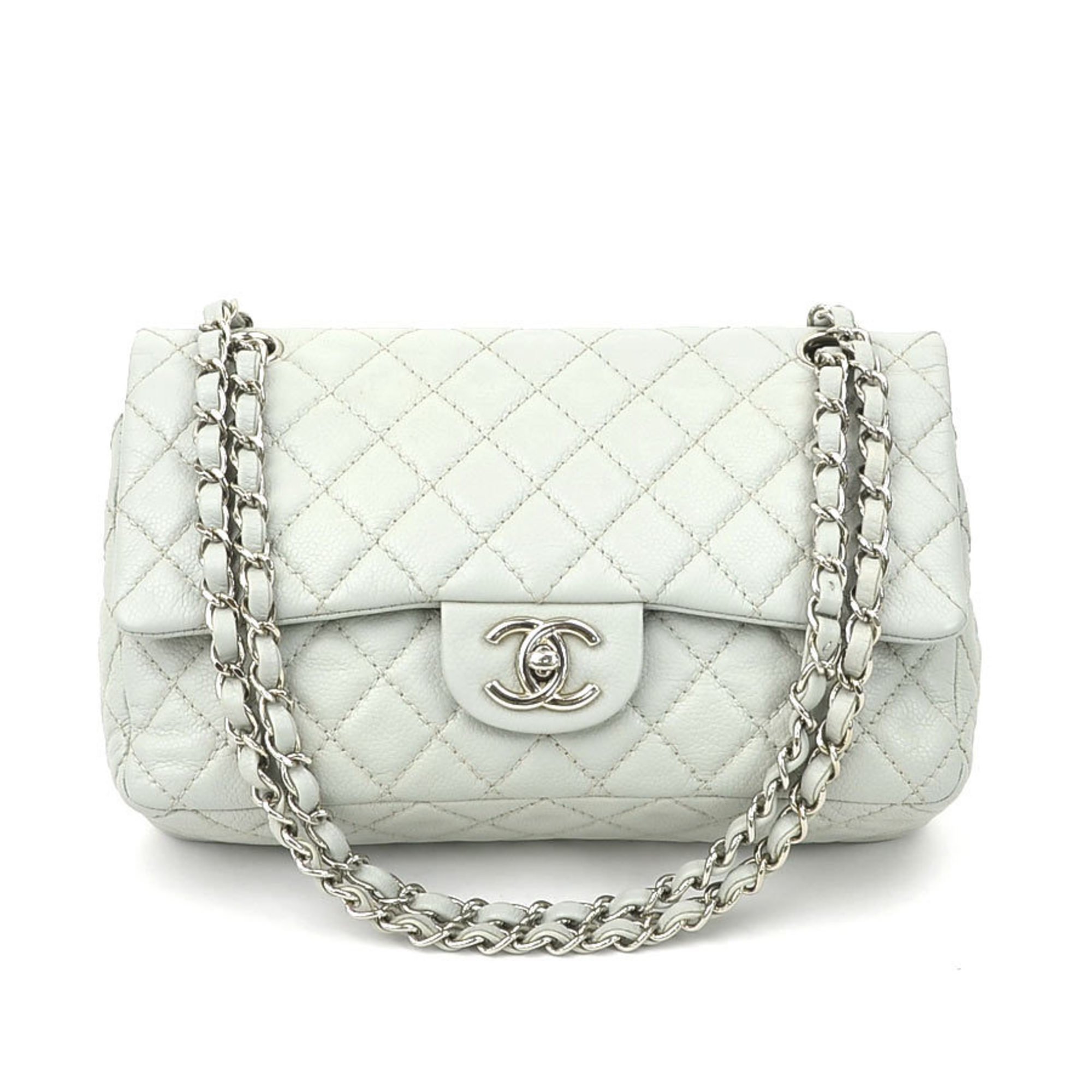 CHANEL Shoulder Bag Matelasse Double Flap Caviar Skin Leather Light Blue Gray Silver Women's e59118a