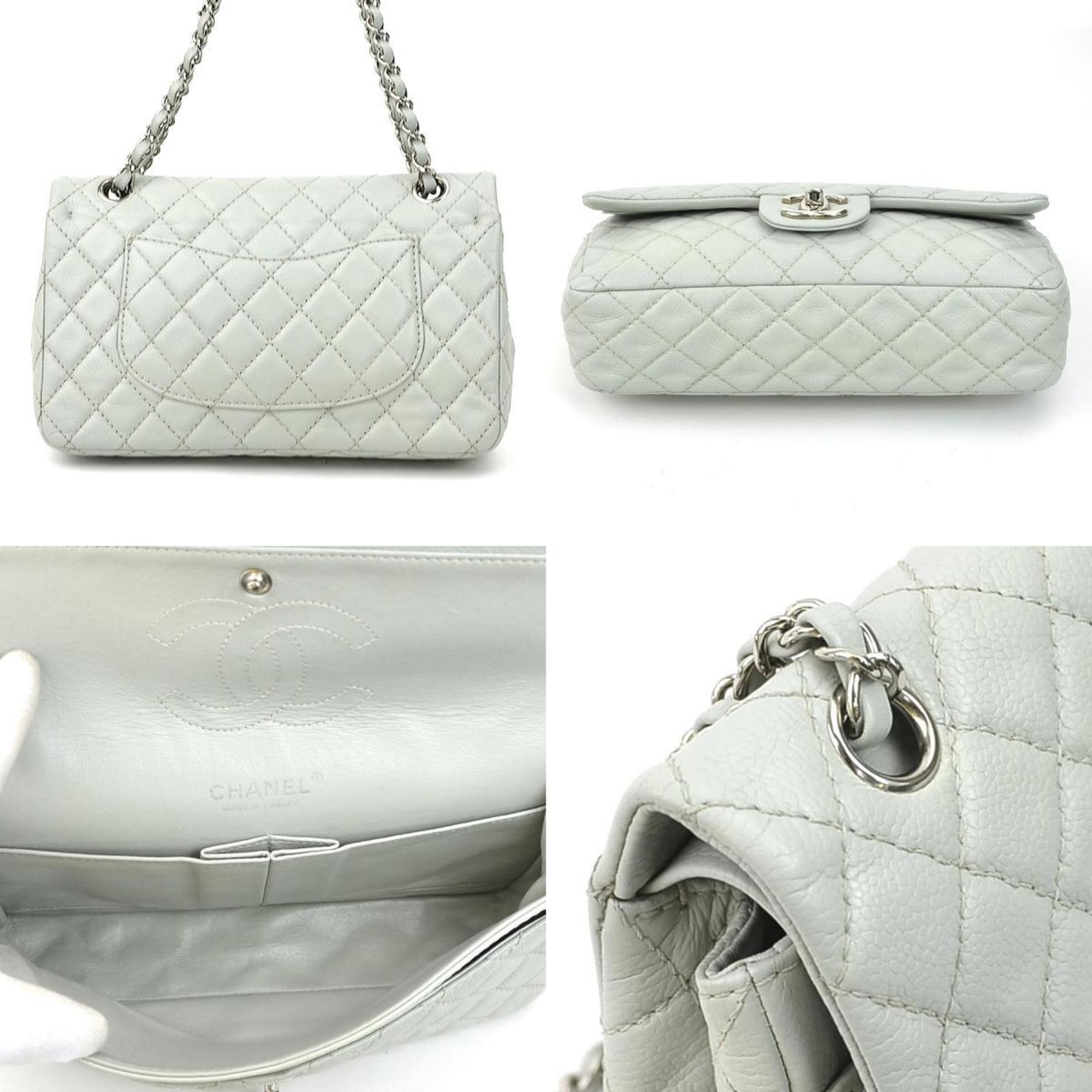 CHANEL Shoulder Bag Matelasse Double Flap Caviar Skin Leather Light Blue Gray Silver Women's e59118a