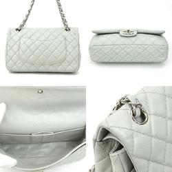 CHANEL Shoulder Bag Matelasse Double Flap Caviar Skin Leather Light Blue Gray Silver Women's e59118a