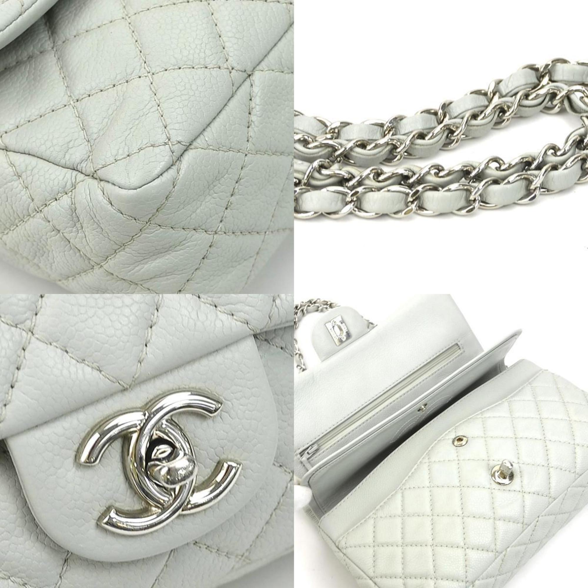 CHANEL Shoulder Bag Matelasse Double Flap Caviar Skin Leather Light Blue Gray Silver Women's e59118a