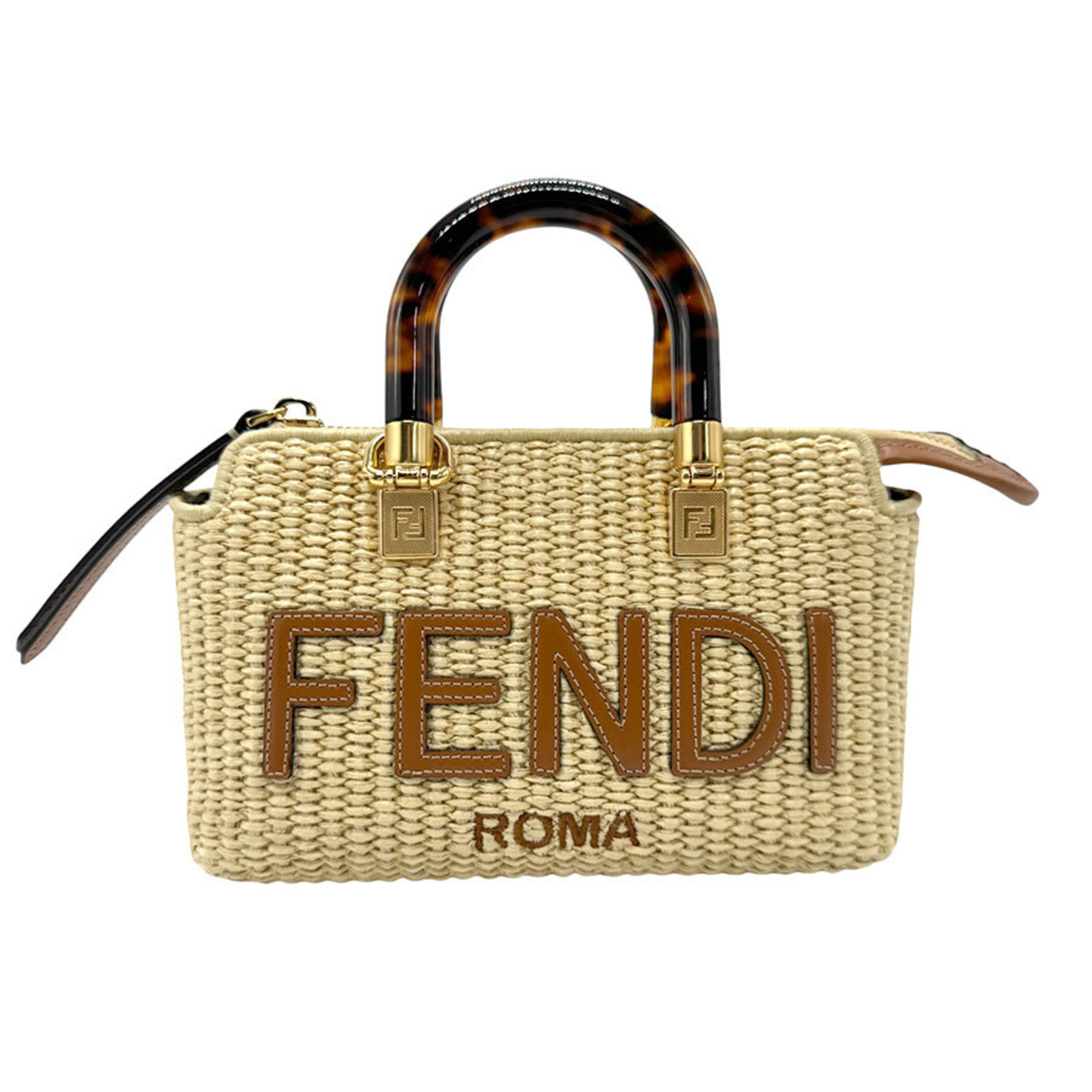 FENDI Handbag Shoulder Bag By the Way Raffia Leather Natural x Brown Women's 8BS067 ANWS z2324