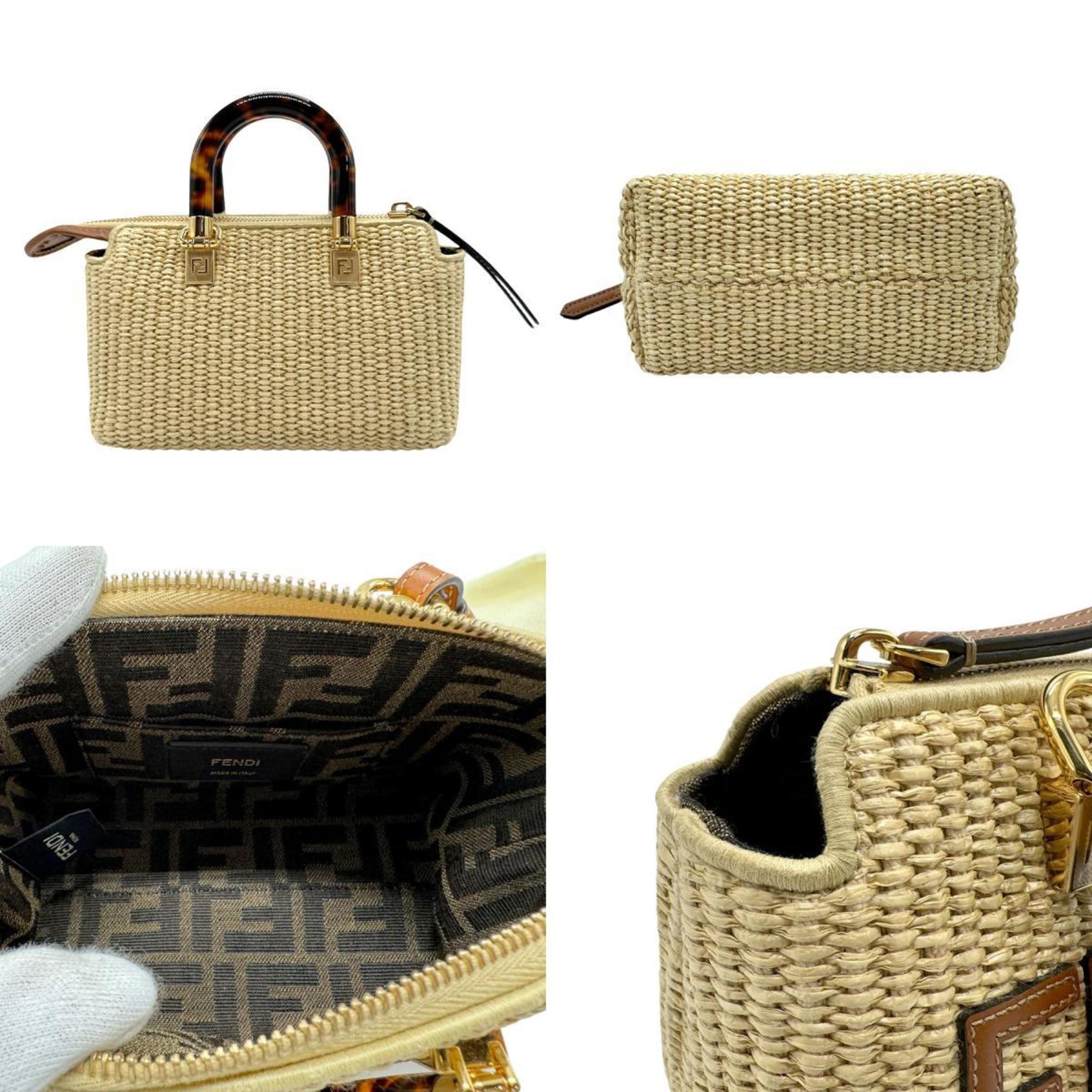 FENDI Handbag Shoulder Bag By the Way Raffia Leather Natural x Brown Women's 8BS067 ANWS z2324